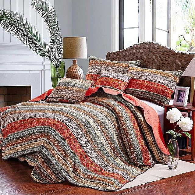 Qucover Quilted Bedspreads Super King Size Bedspread Bohemian Coverlets & Sets 250 x 270cm Bedding Sets 100% Cotton Reversible Comforter Throw with 2 Pillowcases For All-Season (Orange)