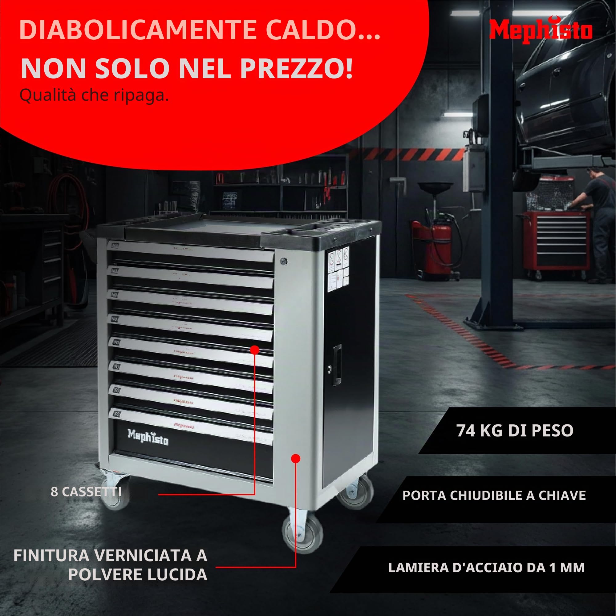 Mephisto Carrello portautensili XXL Carrello da officina con 8 cassetti di cui 7 pieni di utensili come chiavi, cricchetto con scatola di dadi, cacciaviti ecc. con intarsi morbidi in carbon look