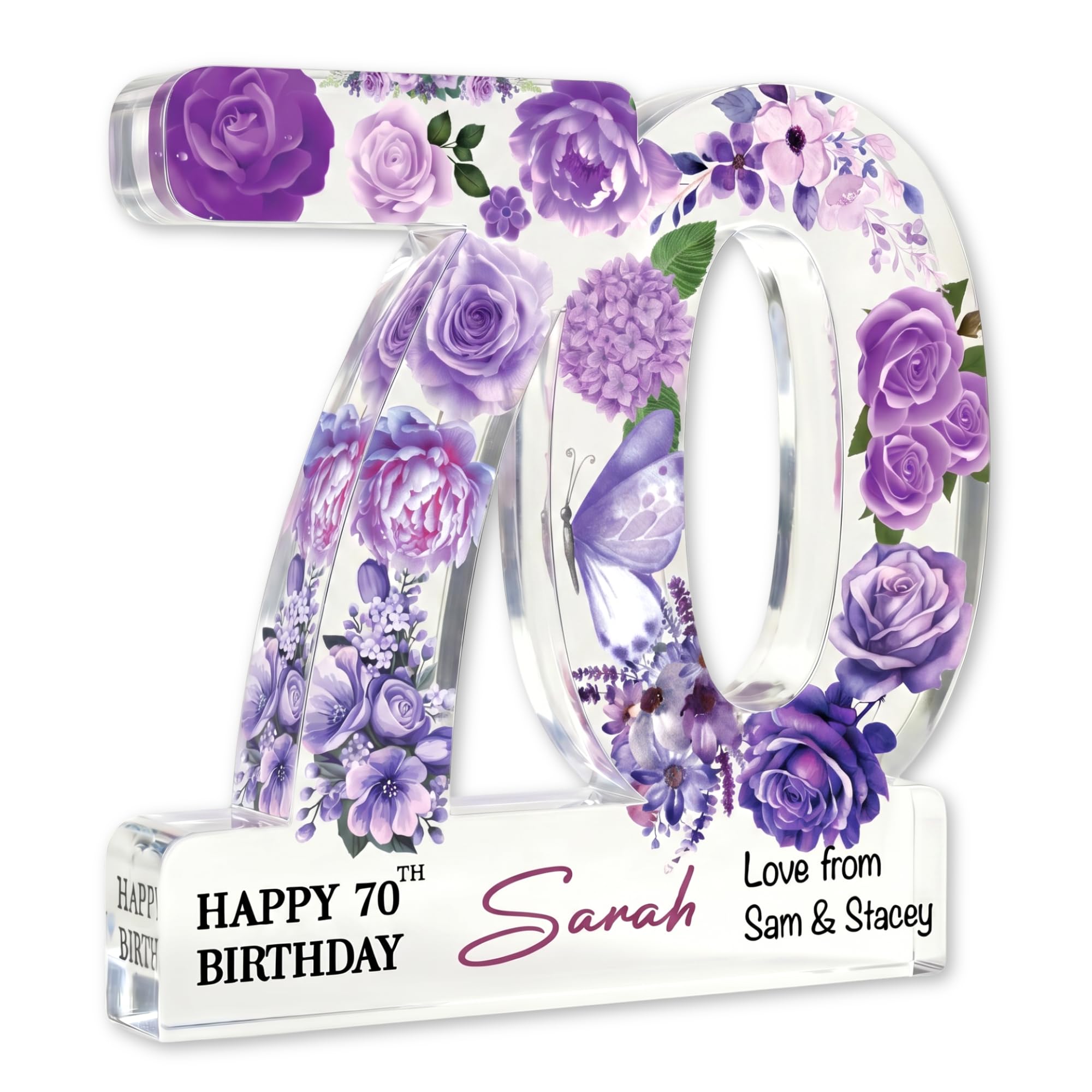 MyKeepsy Personalised 70th Birthday Plaque – Custom Name & Message Acrylic Keepsake, Floral 70 Decoration Gift for Women & Men, Available in 6 Colours (Purple Floral)