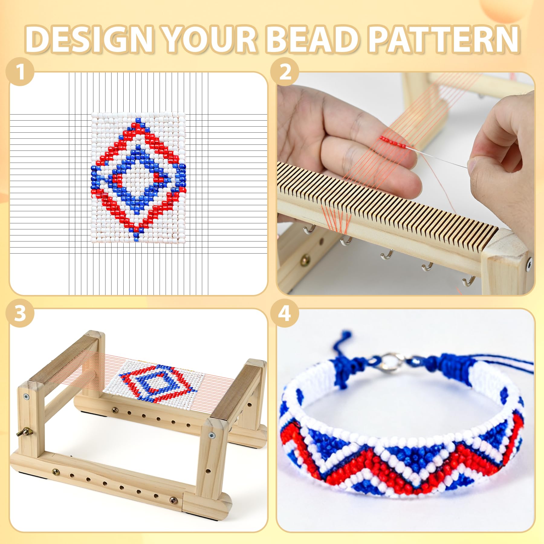 Whemyreat Einstellbar perlenwebrahmen set,Perlwebrahmen aus Holz zum Perlenfädeln,Webrahmen mit bunten Perlen für Kinder ab 6 Jahre,inkl.Weave,Ketten,Armbänder und mehr