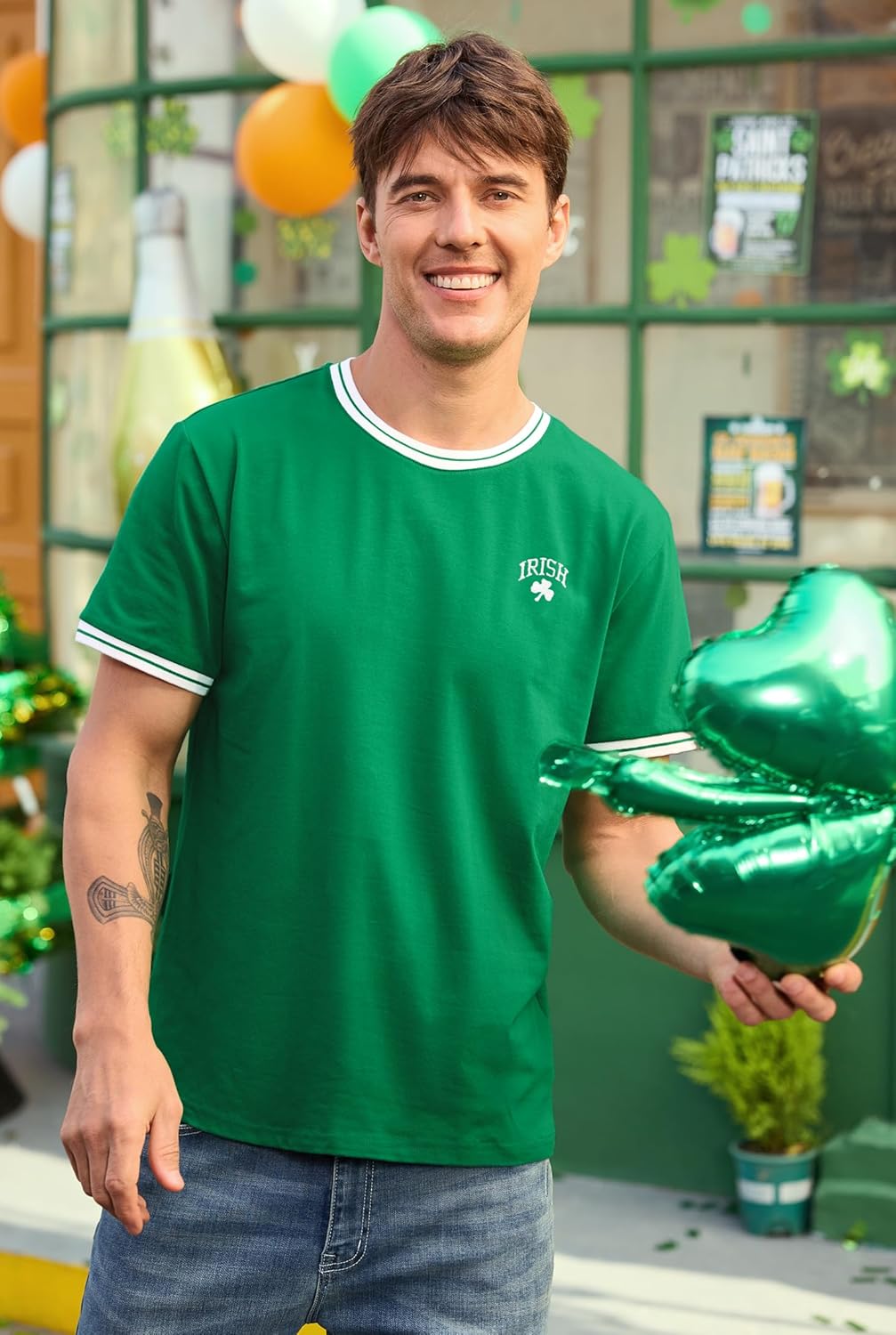 Arvilhill Men‘s St Patrick’s Day Tshirt Embroidered Contrast Collar Crew Neck Irish Clover Shirt (S-3XL) - Image 3