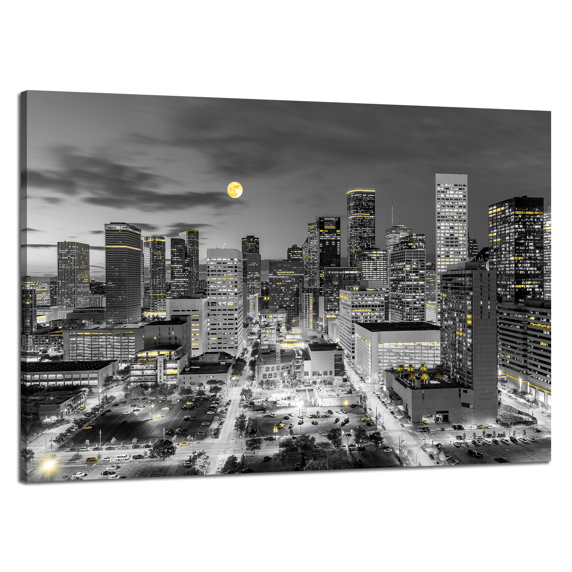 Wall Art Houston City Skyline Wall Decor Texas Cityscape Picture Canvas Print Black and White USA City Painting Poster Framed Home Living Room Bedroom