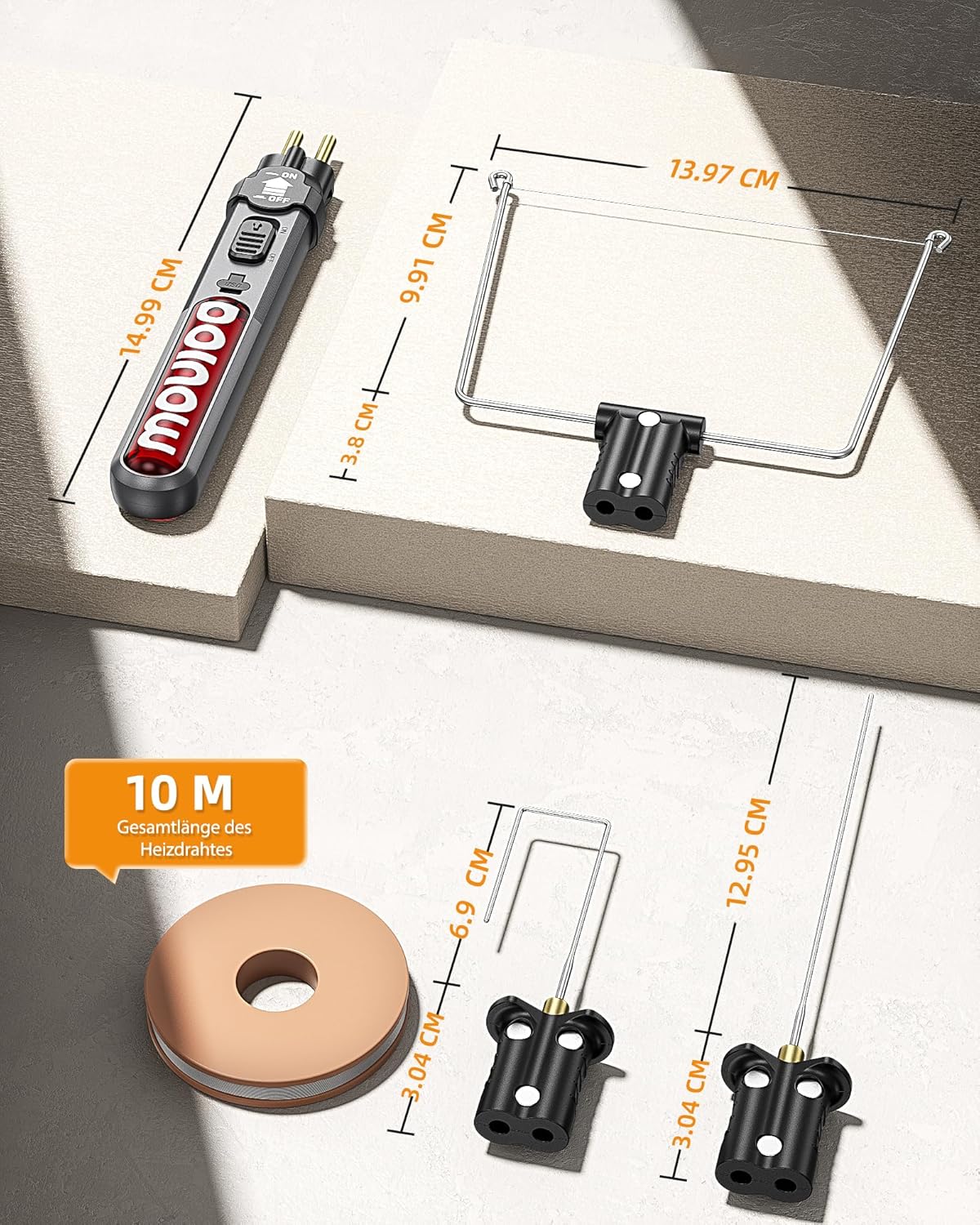 Diagram showing dimensions of the DOINOW K1 Styrofoam Cutter and its various blades