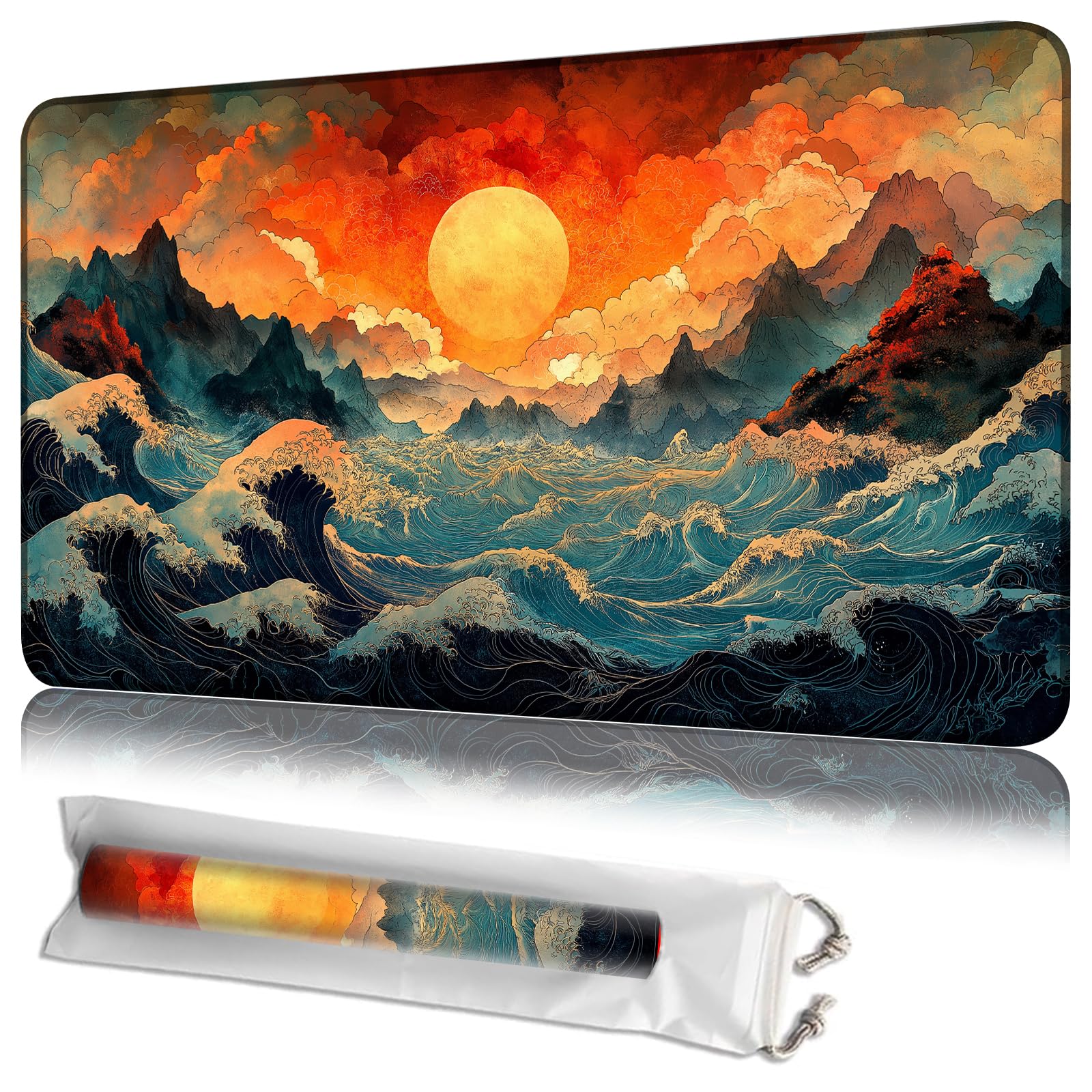 JANENFNA Playmat for MTG, 24 x 14 Inch, Sunset and Waves Art — image 1