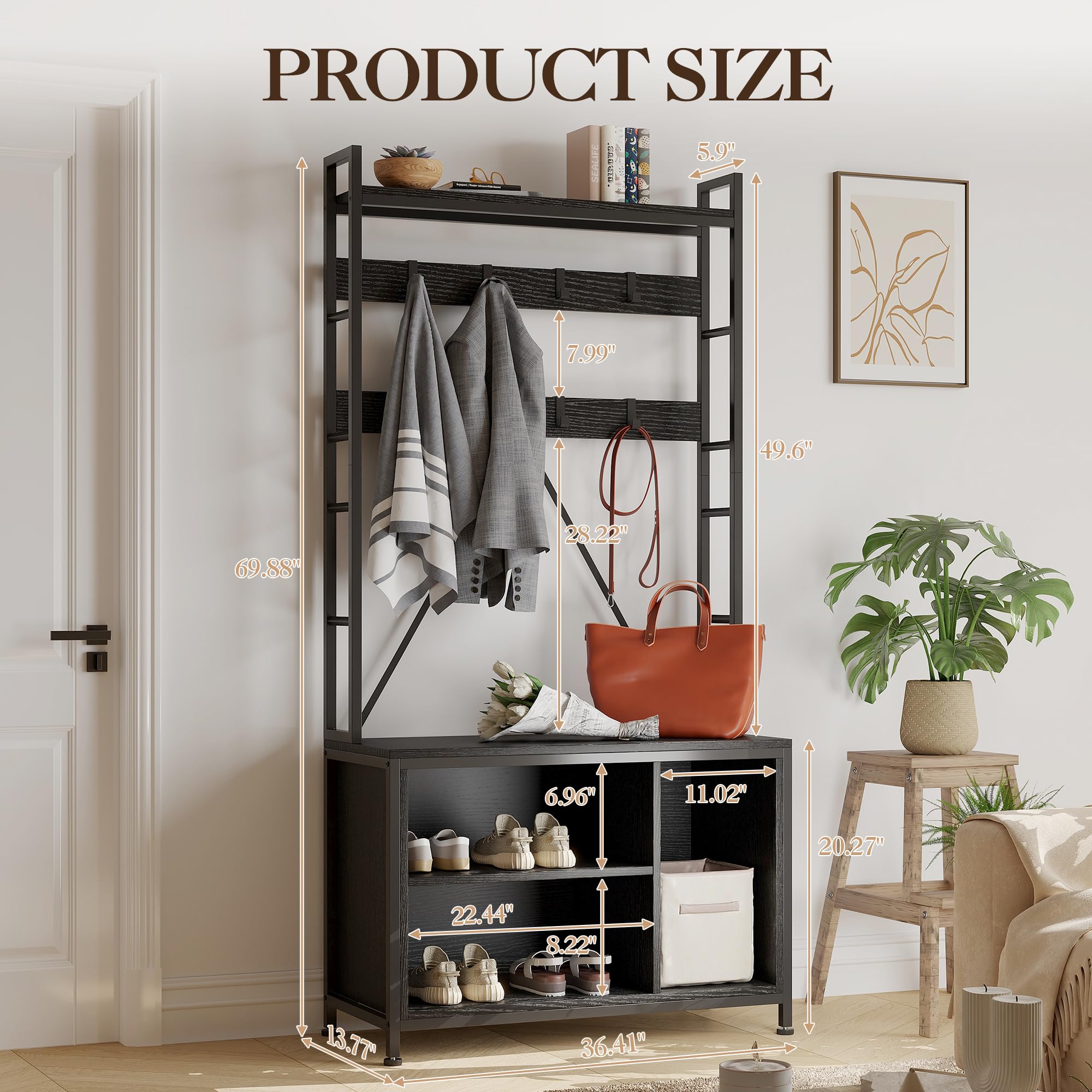 GarveeHome Perchero de recibidor 5 en 1 con banco zapatero, estantes, 17 ganchos y cajones – Organizador independiente de madera de diseño industrial – Ideal para entrada, pasillo o dormitorio – negro