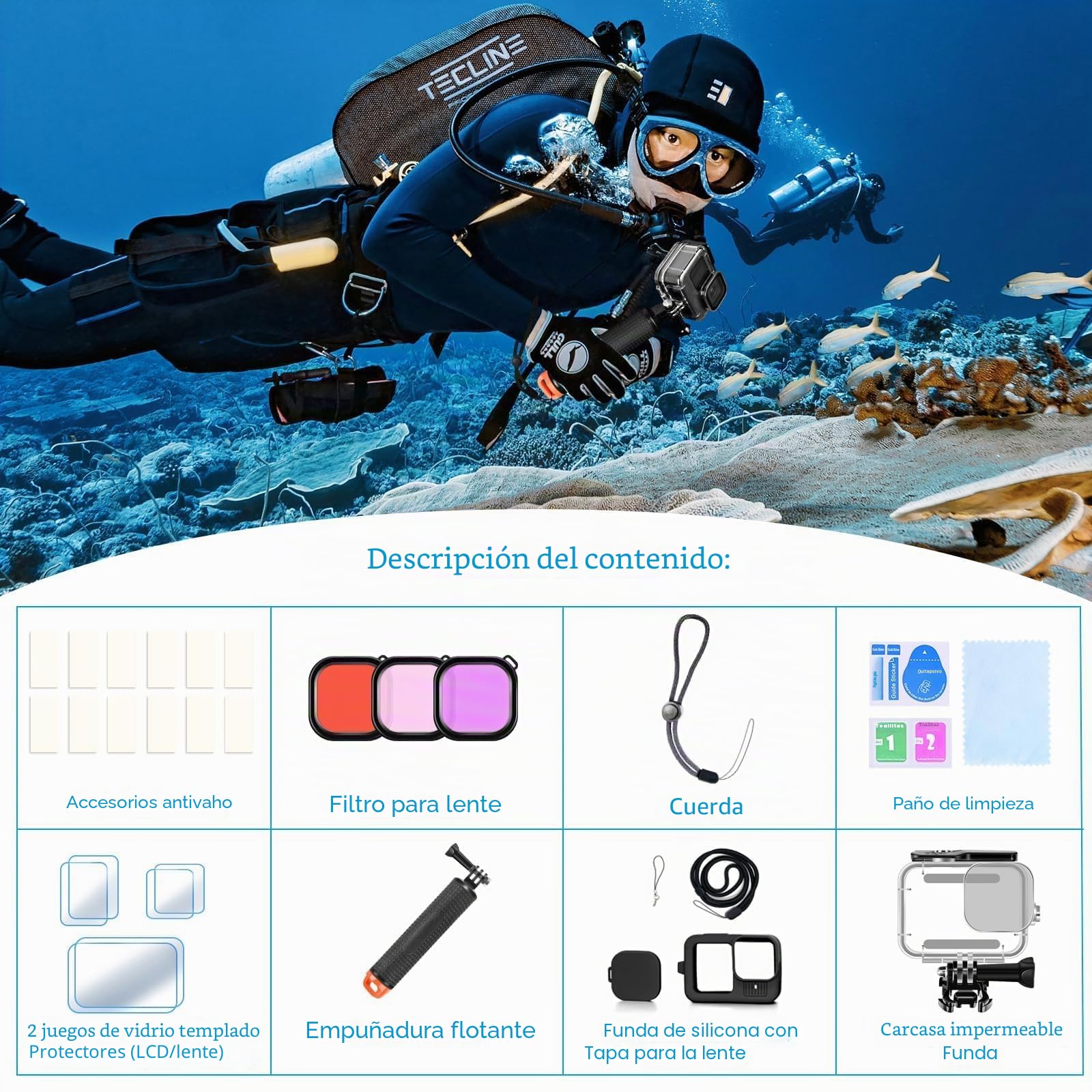 Kit de Accesorios para gopro Hero 13, Carcasa de Buceo a Prueba de Agua, Agarre de Mano Flotante, 2 Juegos de Vidrio Templado, Funda de Silicona, Filtros Rojos, Inserciones antivaho