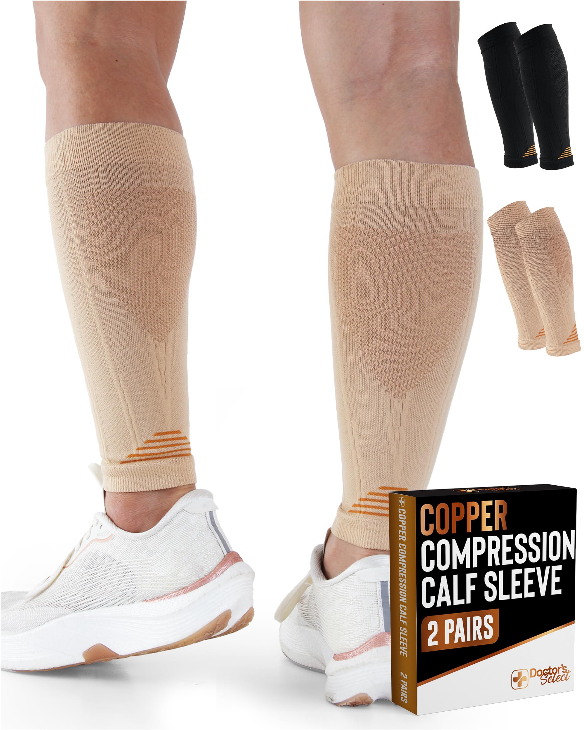 Doctor's Select 2 Pairs Copper Calf Compression Sleeve - Leg Compression Sleeves for Women &amp; Men, Shin Splint Relief
