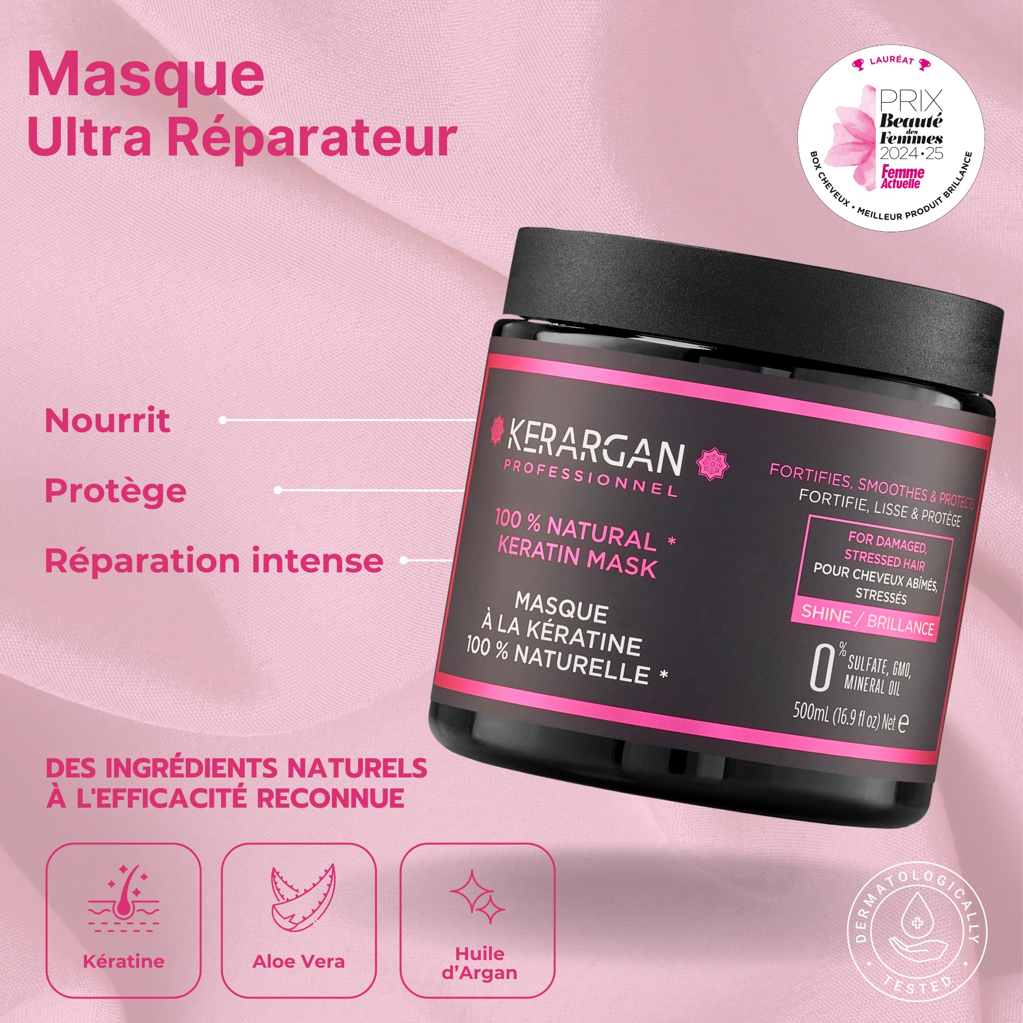 Kerargan - Trio Ultra Réparateur Shampoing, Après-shampoing & Masque à la Kératine pour Cheveux Abîmés et Stressés - Nourrit, Lisse & Renforce - Sans Sulfate, OGM, Silicone - 3x500 ml | Shampoing, après-shampoing et masque, routine réparatrice pour nettoy