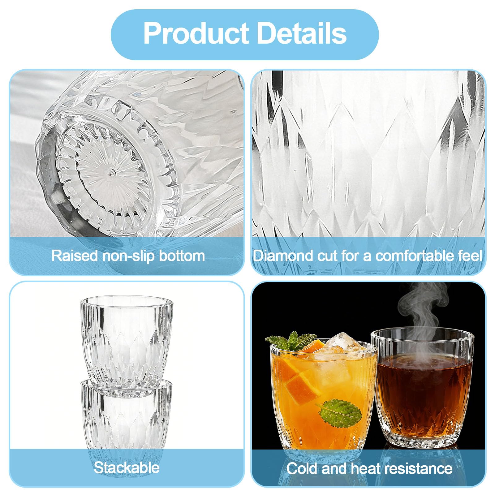 Zestaw 4 szklanek do whisky, 300 ml, plastikowe szklanki na wodę, wielokrotnego użytku, akrylowe, do soku z czerwonego wina, mleka, latte, macchiato, na imprezę