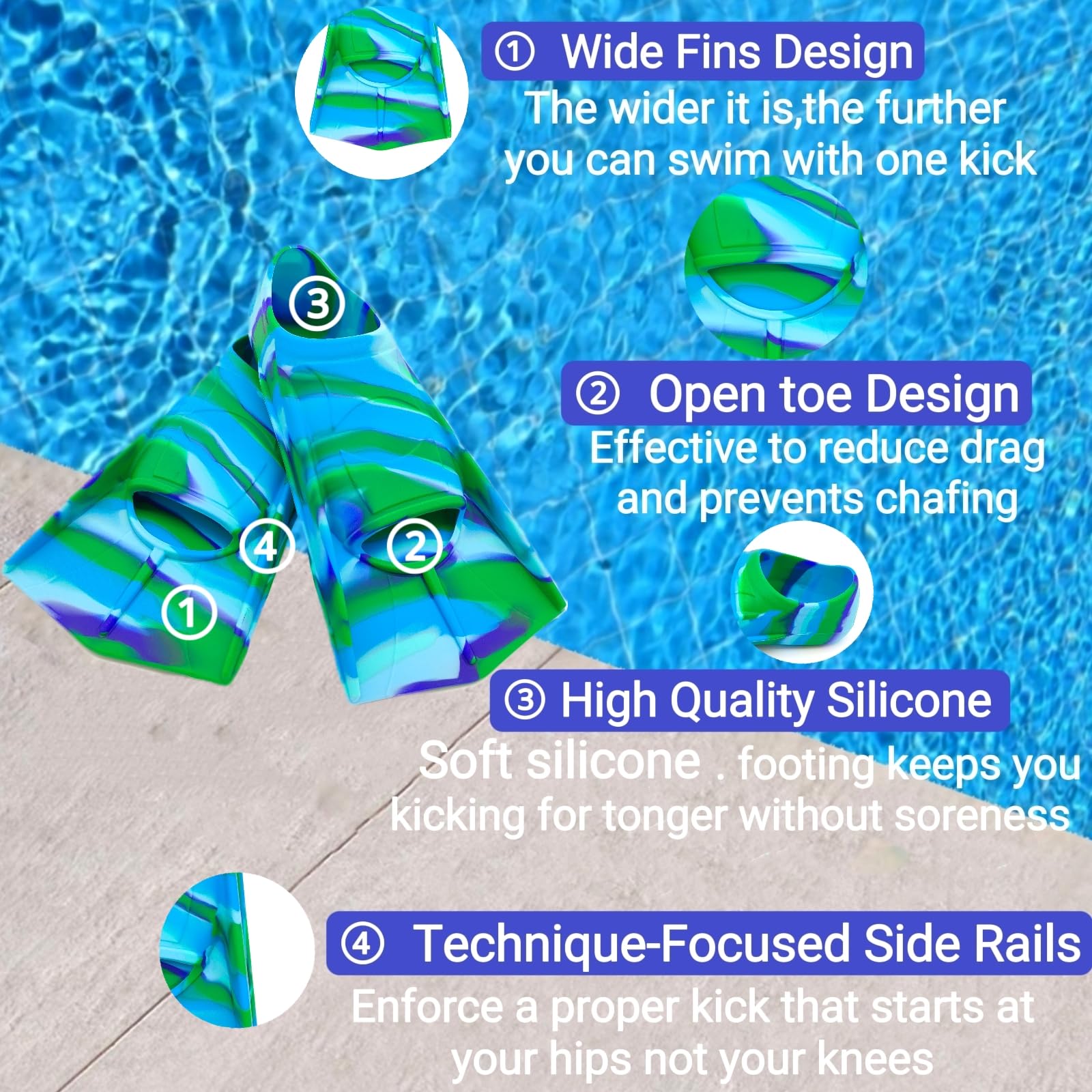 Schwimm-Trainingsflossen, bequeme Silikonflossen zum Schwimmen und Tauchen, Größe geeignet für Kinder, Mädchen, Jungen, Erwachsene
