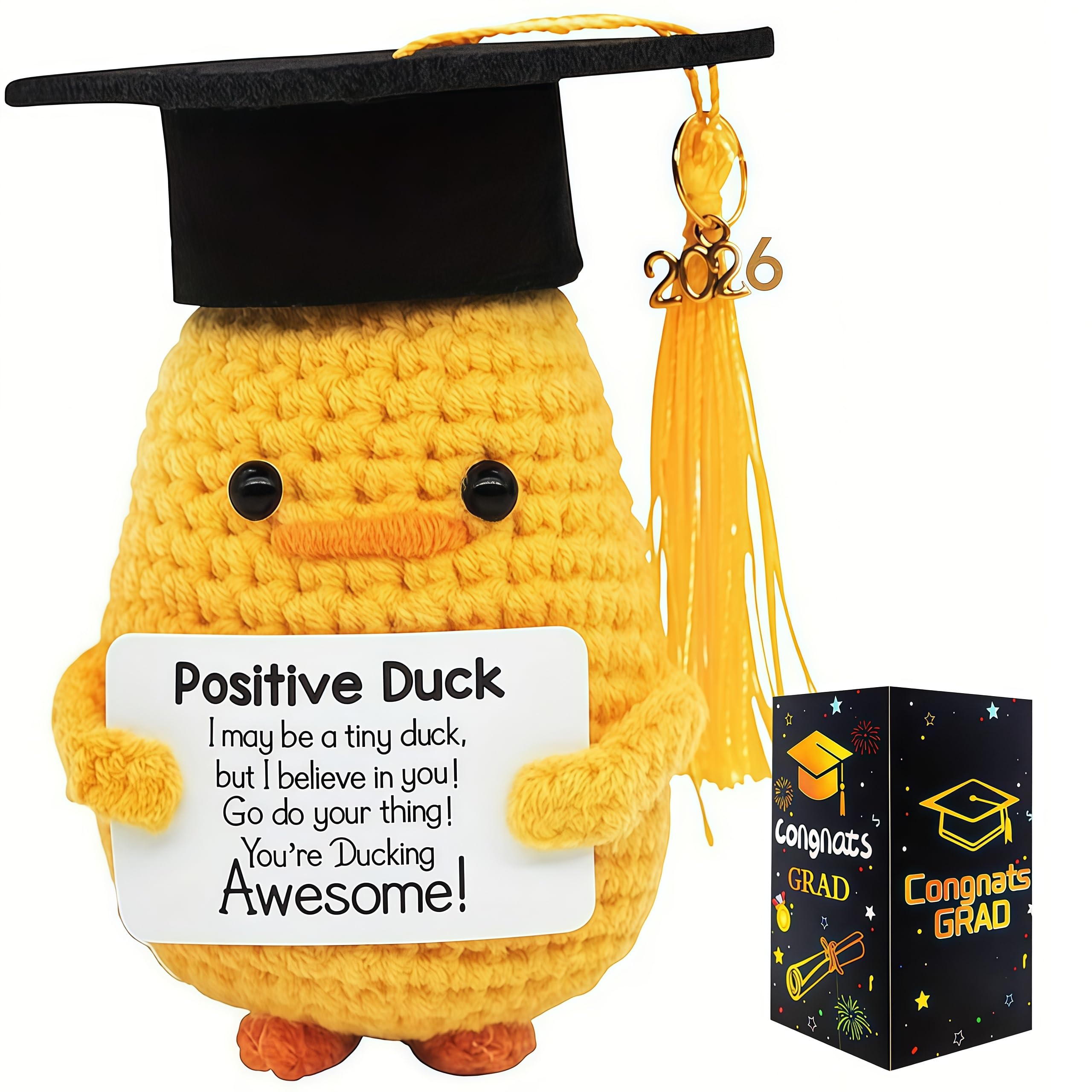 2026 Graduation Duck Gift Cute Handmade Crochet Duck Doll, Emotional Support, Emotional Support Plush Doll with Card, Gift for Middle High School College Graduation Party Favor Supplies (yellow1)