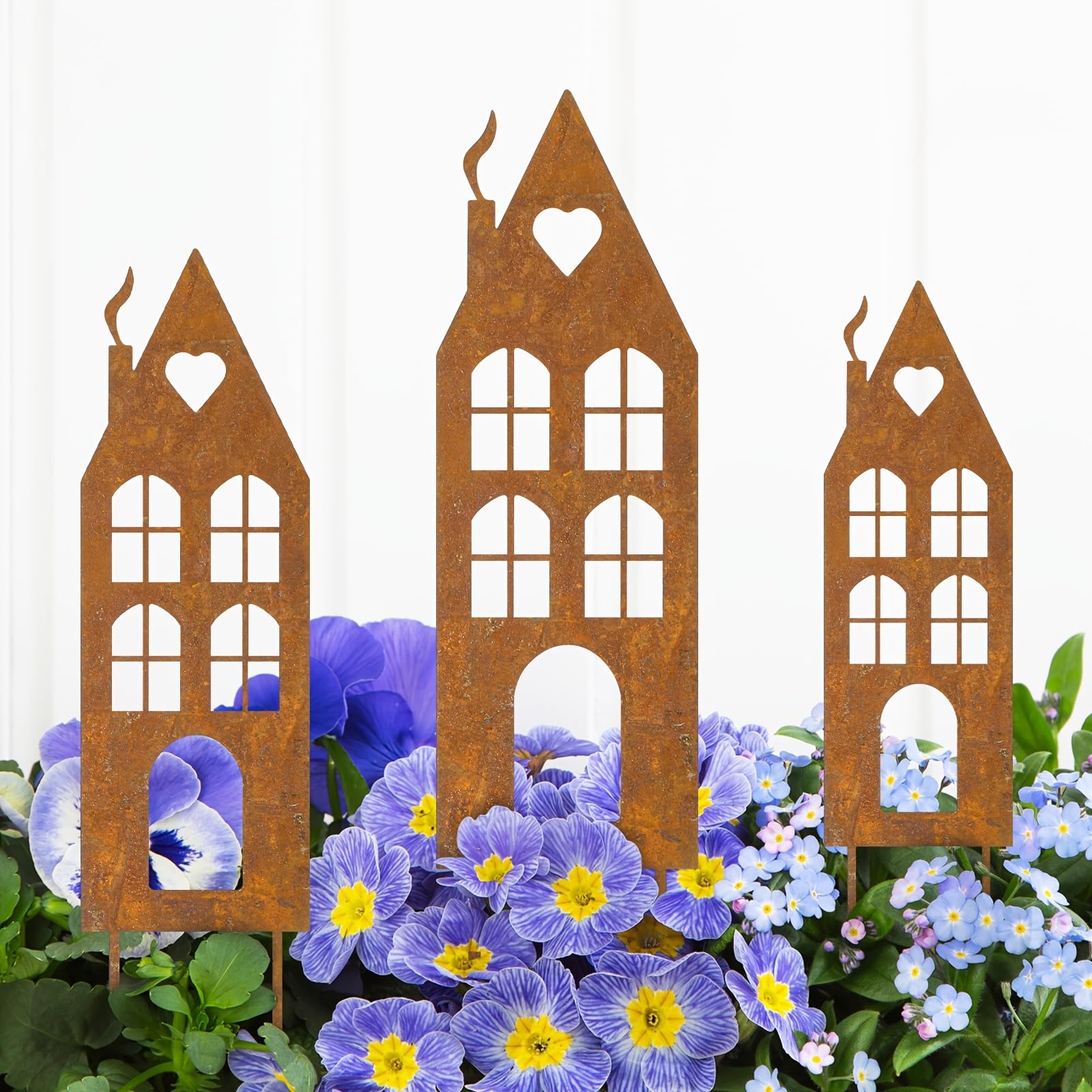Rusty Metal Castle House Garden Stakes Set of 3 Silhouette (Bronze)