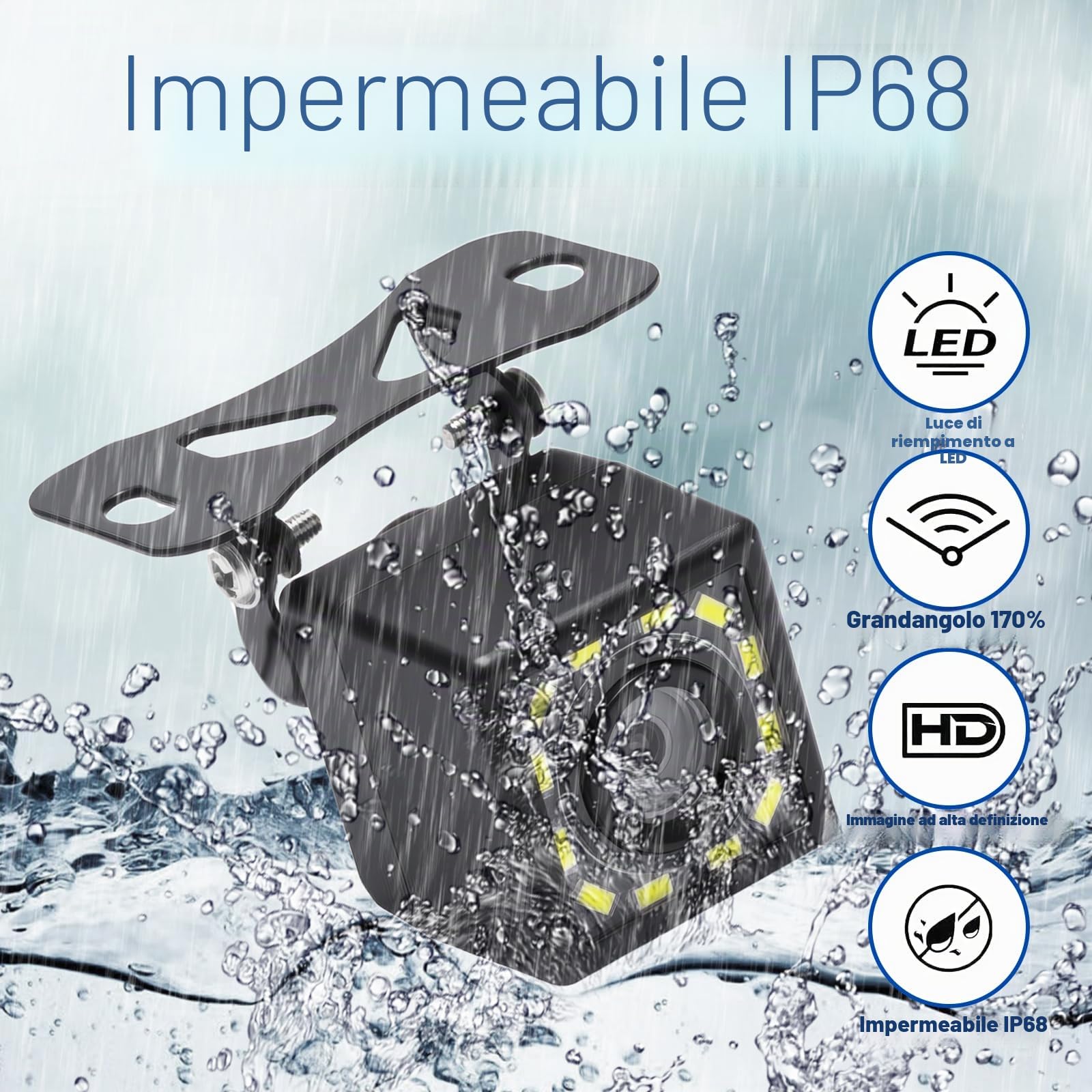 Set Telecamera per Auto 720P, Telecamera Auto Impermeabili IP68 con Grandangolo 170°, Telecamera Retromarcia con Visione Notturna Chiara e 12 LED per Camper, Camion, Pick-up e Rimorchi, Cavo da 6 m