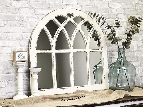Espejo de pared de madera con arco de catedral rústico, espejo de pared con marco de madera rústica para ventana, color blanco envejecido, 31-78