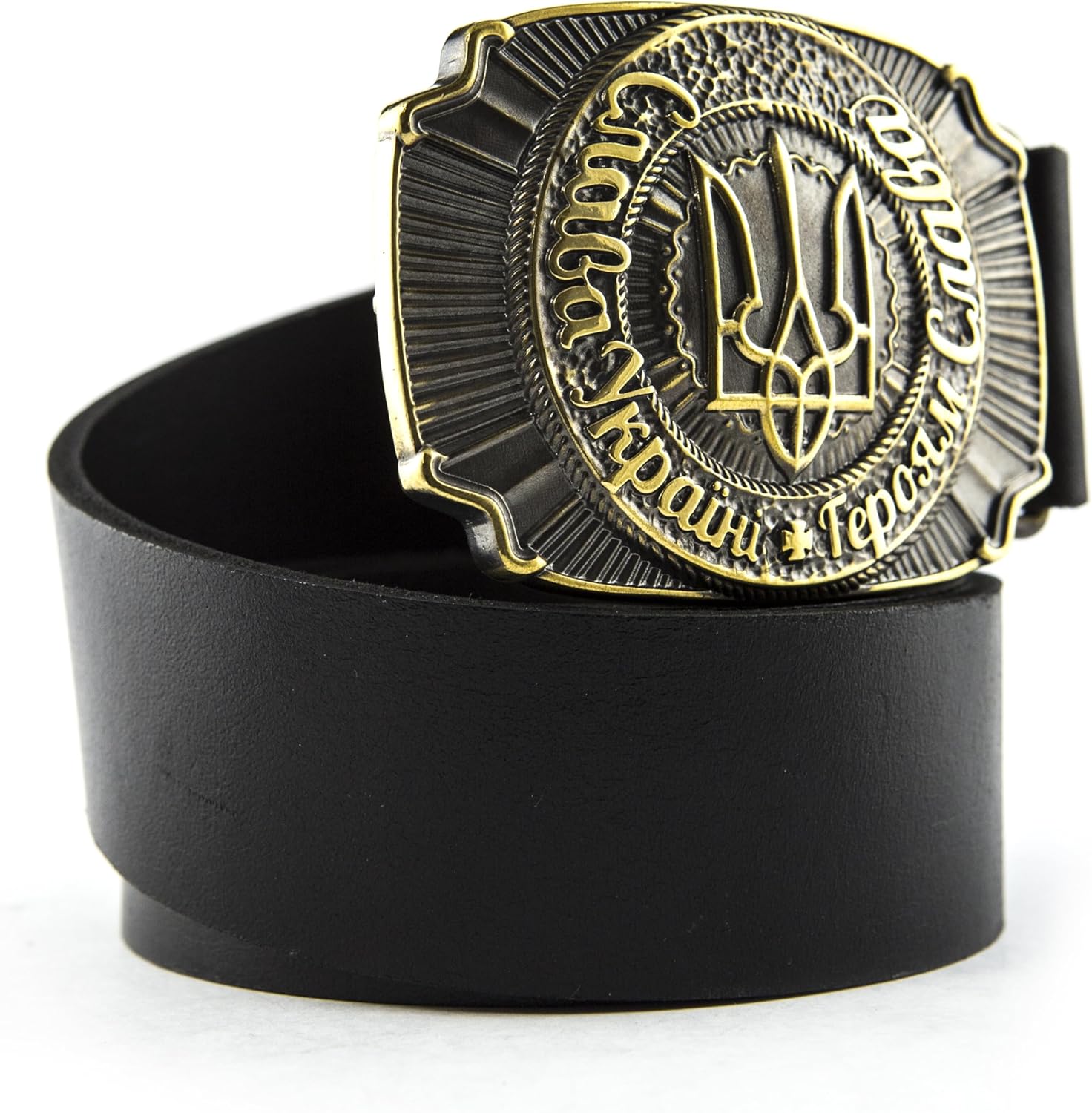 Leather belt with handmade Ukrainian trident solid brass buckle "Glory to Ukraine! Glory to the heroes! "