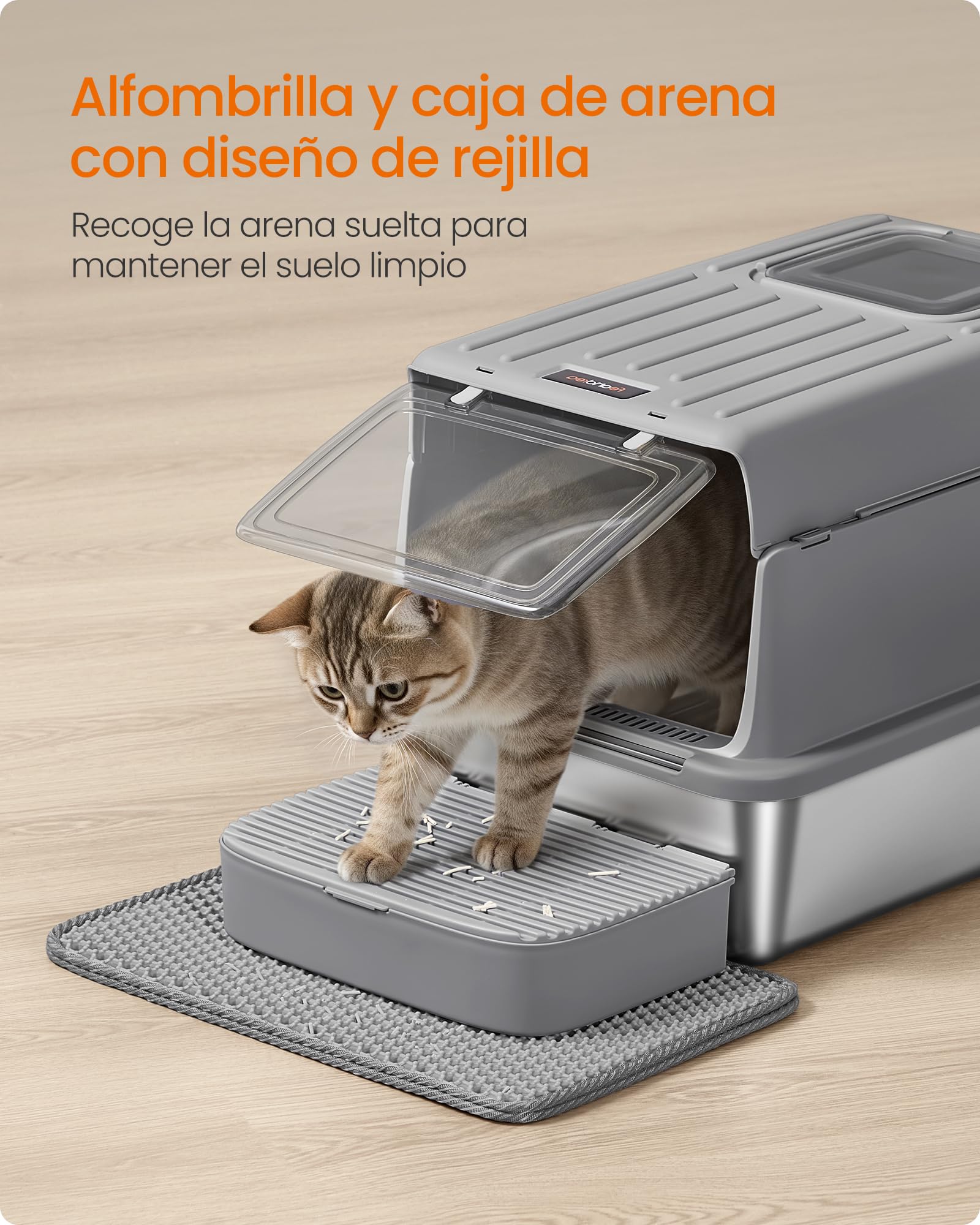 Feandrea Arenero para Gatos de Acero Inoxidable, Caja de Arena con Tapa, Incluye Pala, Alfombrilla y Dos Accesos, para Gatos de hasta 15 kg, Gris Paloma PPT007GN01