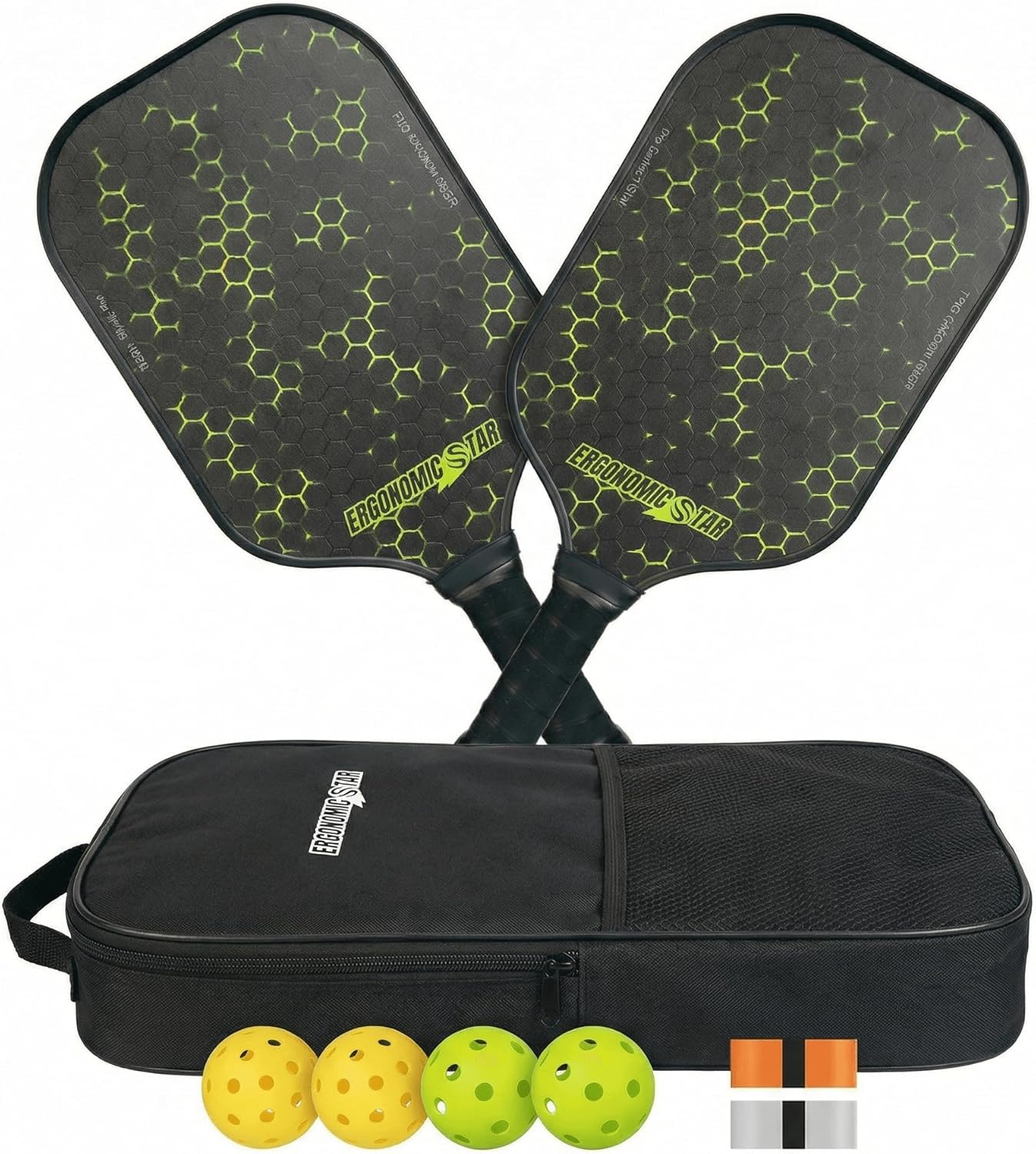 Pickleball Paddle Set of 2, T700 Carbon Fiber Paddle, 16mm Honeycomb Core, Lightweight 7.8oz, Wide Body Control Paddle, Green Pattern Design, with Balls & Carry Bag