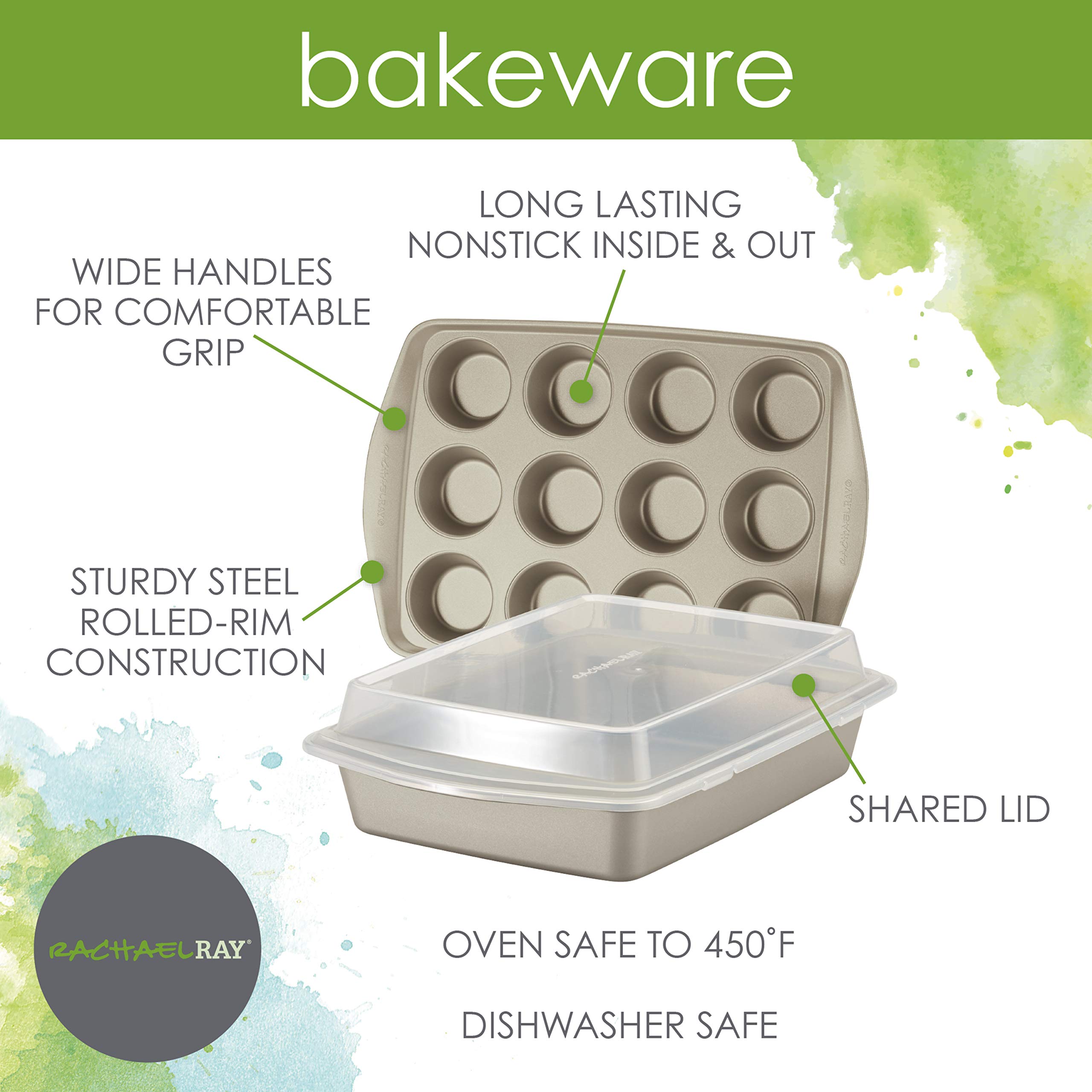 Rachael Ray Antihaft-Backformen-Set ohne Griffe, inkl. Antihaft-Backform mit Deckel und Muffinform/Cupcake-Form, 3-teilig, silberfarben