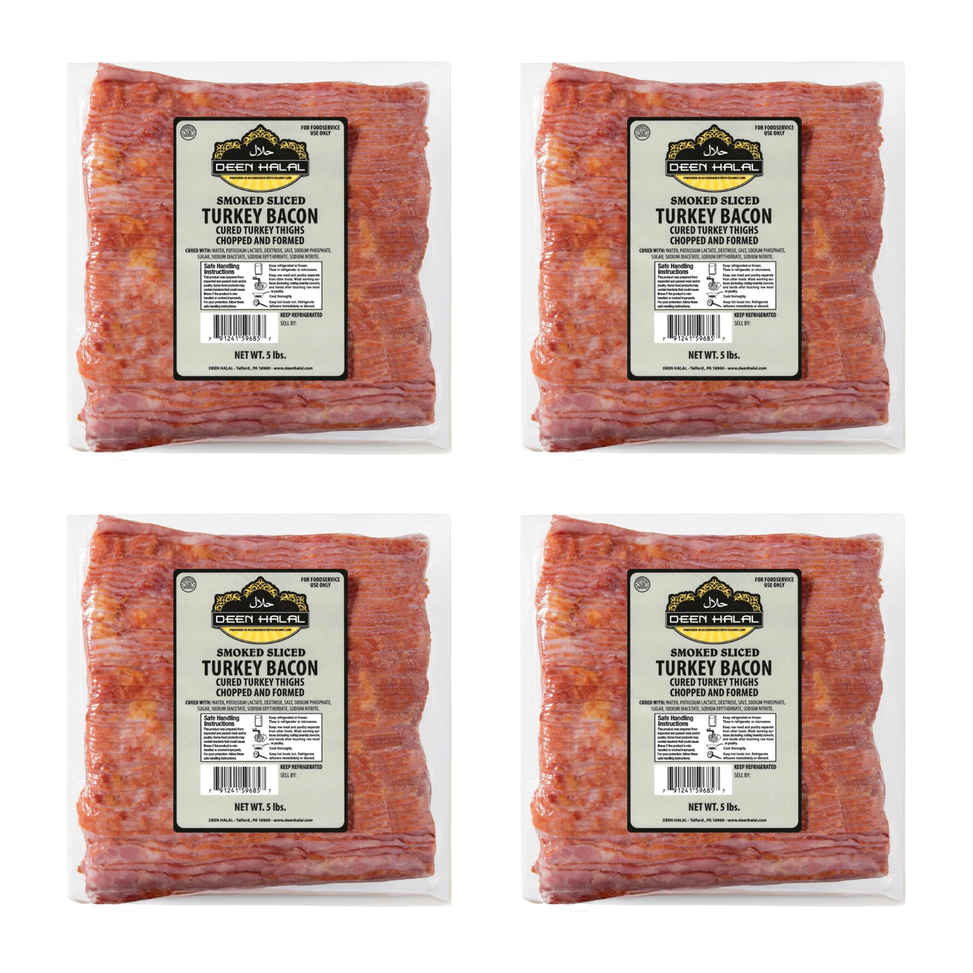 Deen Halal Smoked Turkey Bacon – Sliced, Cured Turkey Thighs Chopped and Formed – 5 lbs Pack, 4-Pack (Total 20 lbs) – Premium Halal-Certified, Savory & Lean