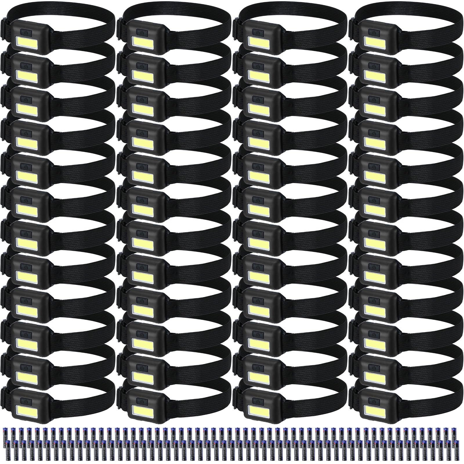 Lot de 48 lampes frontales LED lumineuses et étanches - 800 lumens - 3 modes - 144 piles AAA - Pour adulte, course à pied, camping, survie nocturne (noir)