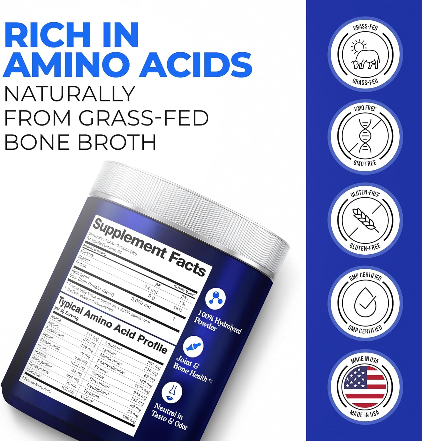 Bone Broth Protein Powder for Women and Men Carnivore, Paleo & Keto Friendly Supports Healthy Skin, Hair, Nails, Joint Non-GMO, Hydrolyzed Collagen Peptides Type 1&3 Made in USA (10.58 Oz)