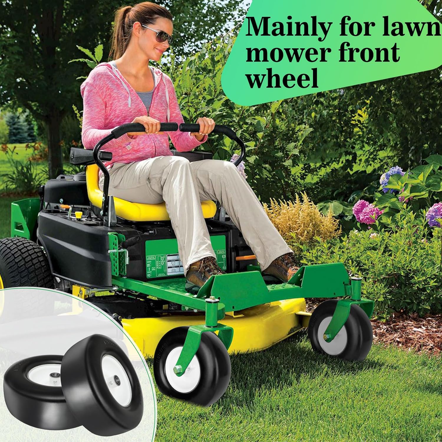 2 Pcs 13x500-6 Color White Upgrade 13x5.00-6 Flat Free Lawn Mower Tire and Wheel with 3/4 Chrome Steel Bearings, Zero Turn Mower Front Solid Tire Assembly for Commercial Grade Lawn, Garden Turf, 4.2-5.2 Centered Hub