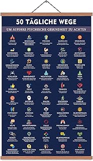 EASTJOY Psychische Gesundheit Poster,50 Tägliche Wege,Selbstfürsorge Poster zur Bildung von Kindern,Tipps Routinen Achtsamkeit Wohlbefinden,Mit Teak Holz Posterleiste DIN A2 (65x40cm)