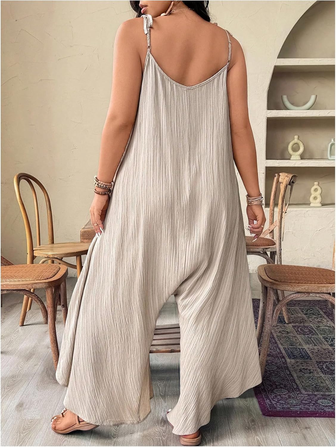 WDIRARA Women's Plus Size Tie Shoulder Sleeveless Jumpsuit Backless Textured Wide Leg Pants Romper - Image 2