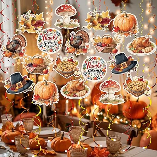 Miniatura 6 de Juego de decoraciones de fiesta de remolinos colgantes de Acción de Gracias, 48 piezas, tema de otoño, calabaza, hoja de arce, pavo, suministros