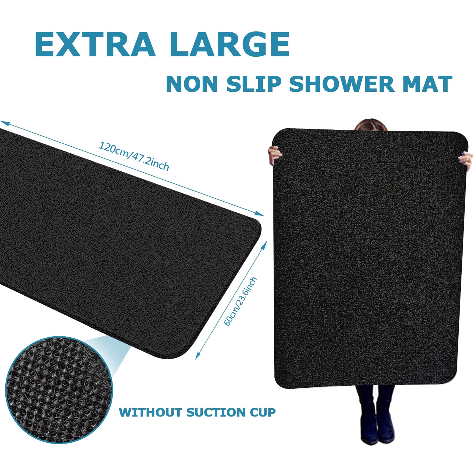 Tapis de douche extra large, antidérapant et sans ventouses - tapis de bain pour surface de baignoire texturée - tapis en luffa à séchage rapide pour douche et salle de bain (60 x 120 cm, noir)