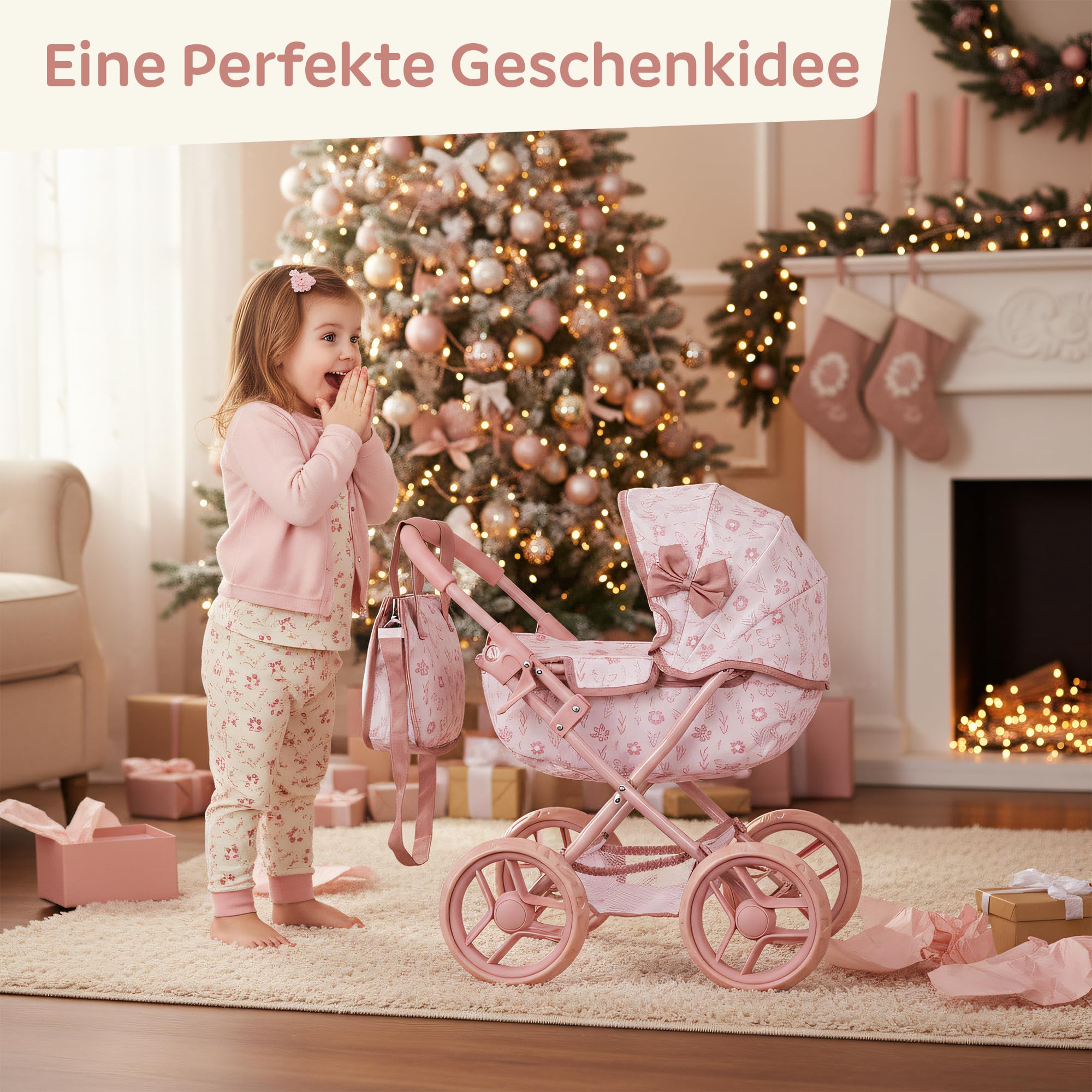 Kinderplay Puppenwagen für Mädchen ab 3 Jahren, tiefer Puppen Kinderwagen mit Babywanne, faltbar mit Schaumstoffrädern, verstellbares Dach, Puppenwagen mit Tasche und Unterkorb