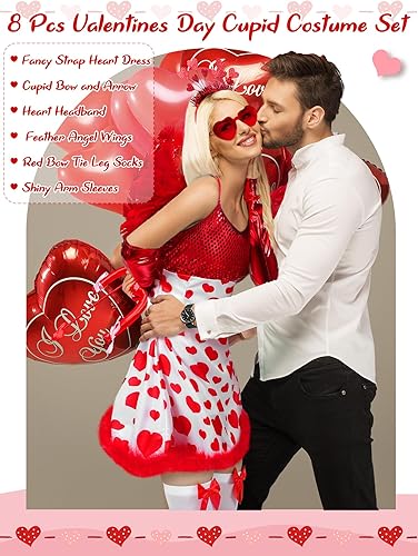 Vista 3 de Twistover 8 piezas de disfraz de Cupido para el día de San Valentín para mujer, hermoso vestido de corazón, alas de flecha y lazo con diadema