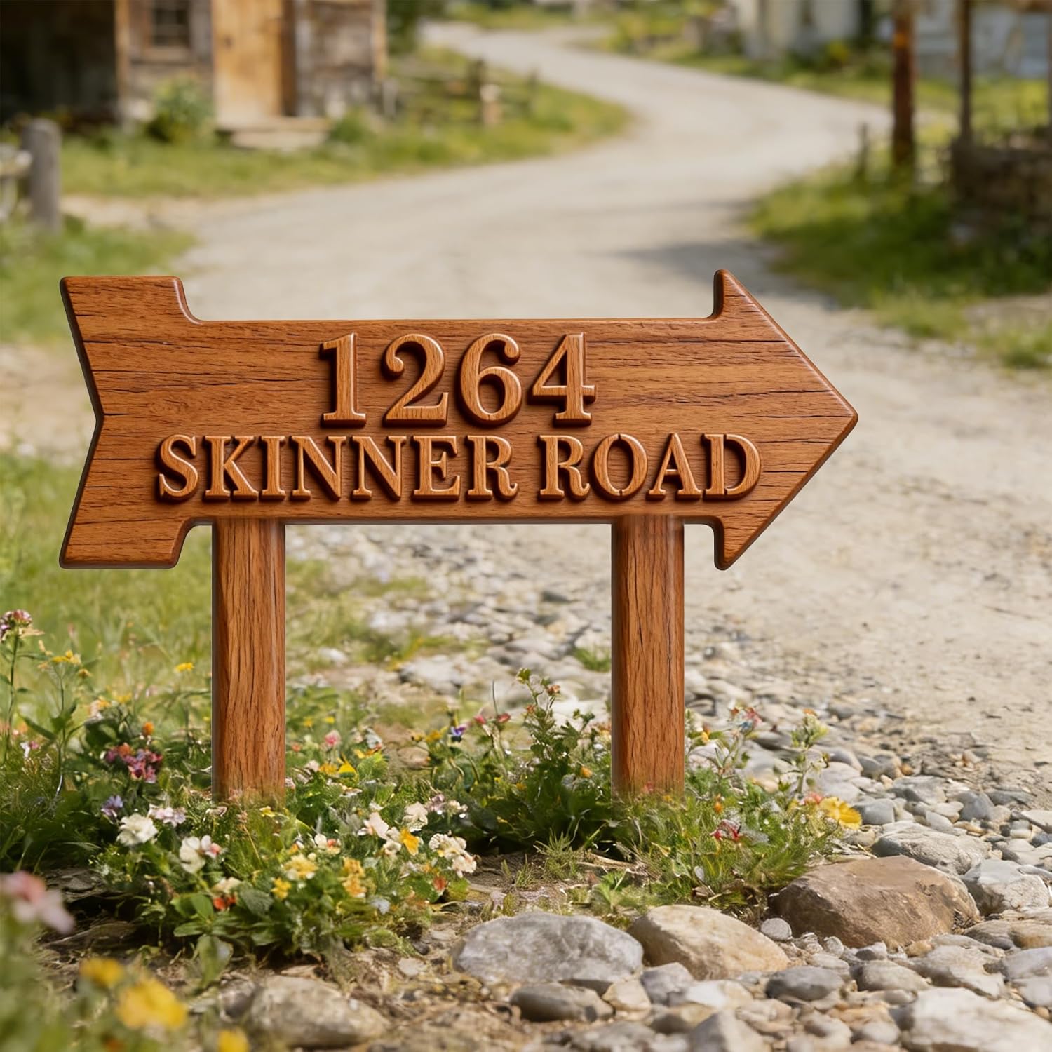 Personalized Arrow Wooden Address Sign, Custom House Number with Stake & Street Name Yard Sign, Rustic Farmhouse Directional Driveway Marker, Outdoor Weatherproof Home Address Plaque for Front Yard