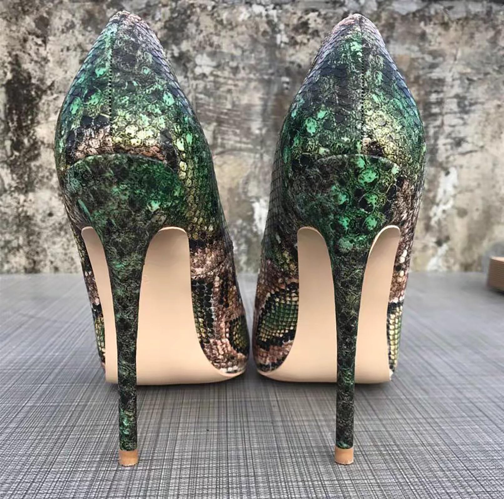 Generico Décolleté Donna a Punta, Tacco Stiletto Verde Effetto Rettile