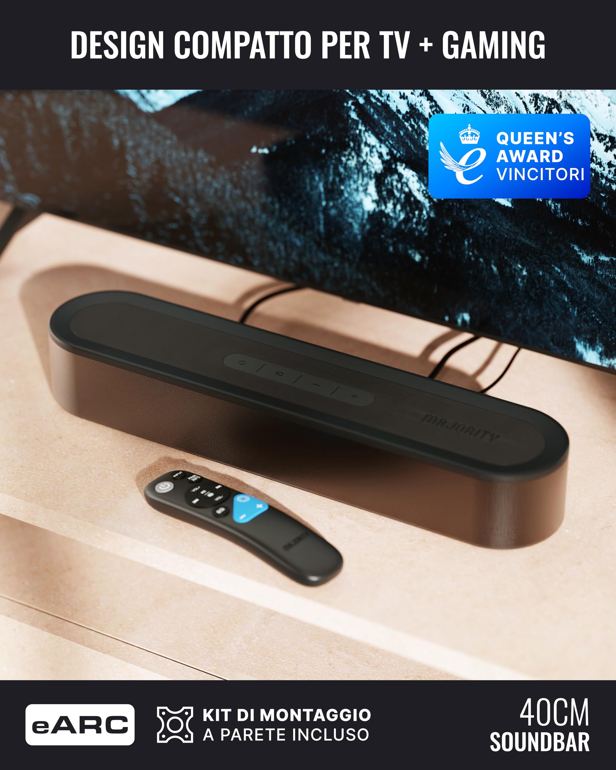 Majority Bowfell Axis Soundbar 2.1 con Subwoofer per TV, Sistema Audio Surround Dolby, Bluetooth 5.3, HDMI eARC, Ottico, AUX e USB, Montabile a Parete con Telecomando Bowfell Axis
