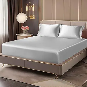 BEDELITE Satin Fitted Sheet and Pillowcase Set, Luxury Soft Similar to Silk Bottom Bed Sheet with Elastic Corner Straps, Deep Pocket up to 15 Inch, 1 Fitted Sheet and 1 Pillowcase(Twin, Grey)