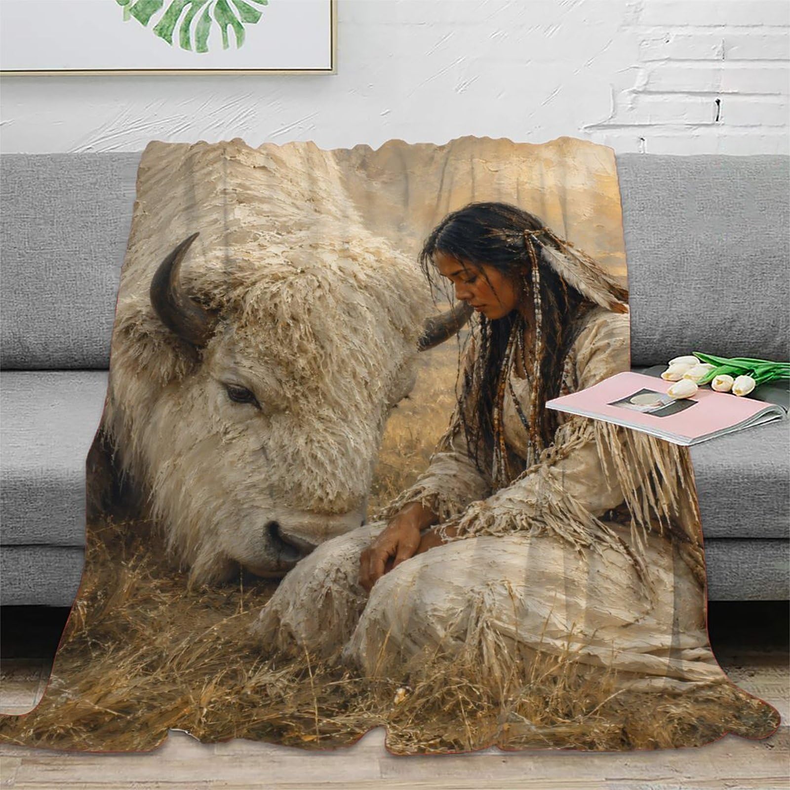 W7C8U2X3 White Buffalo Woman Portrait Blanket, Flannel, Rustic Western Art