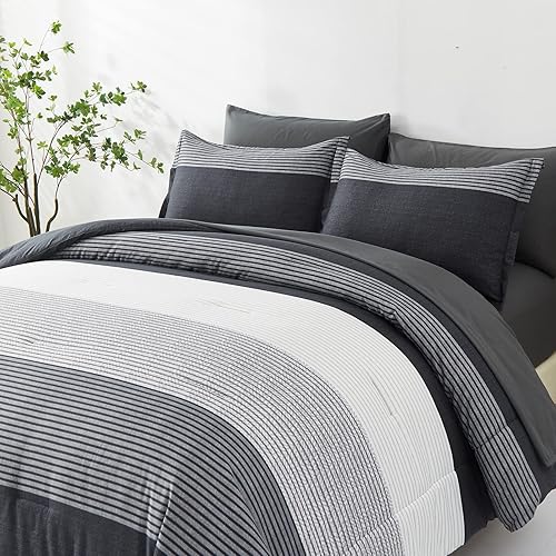 Miniatura 3 de Juego de edredón de 7 piezas en una bolsa, tamaño Queen, color negro y gris, juego de edredón ligero de microfibra a rayas para cama Queen (1