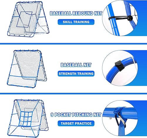 Miniatura 6 de Red de rebote de lanzamiento de béisbol, objetivo de bateo de 9 hoyos, redes de entrenamiento de softbol con zona de ataque, 2 redes de