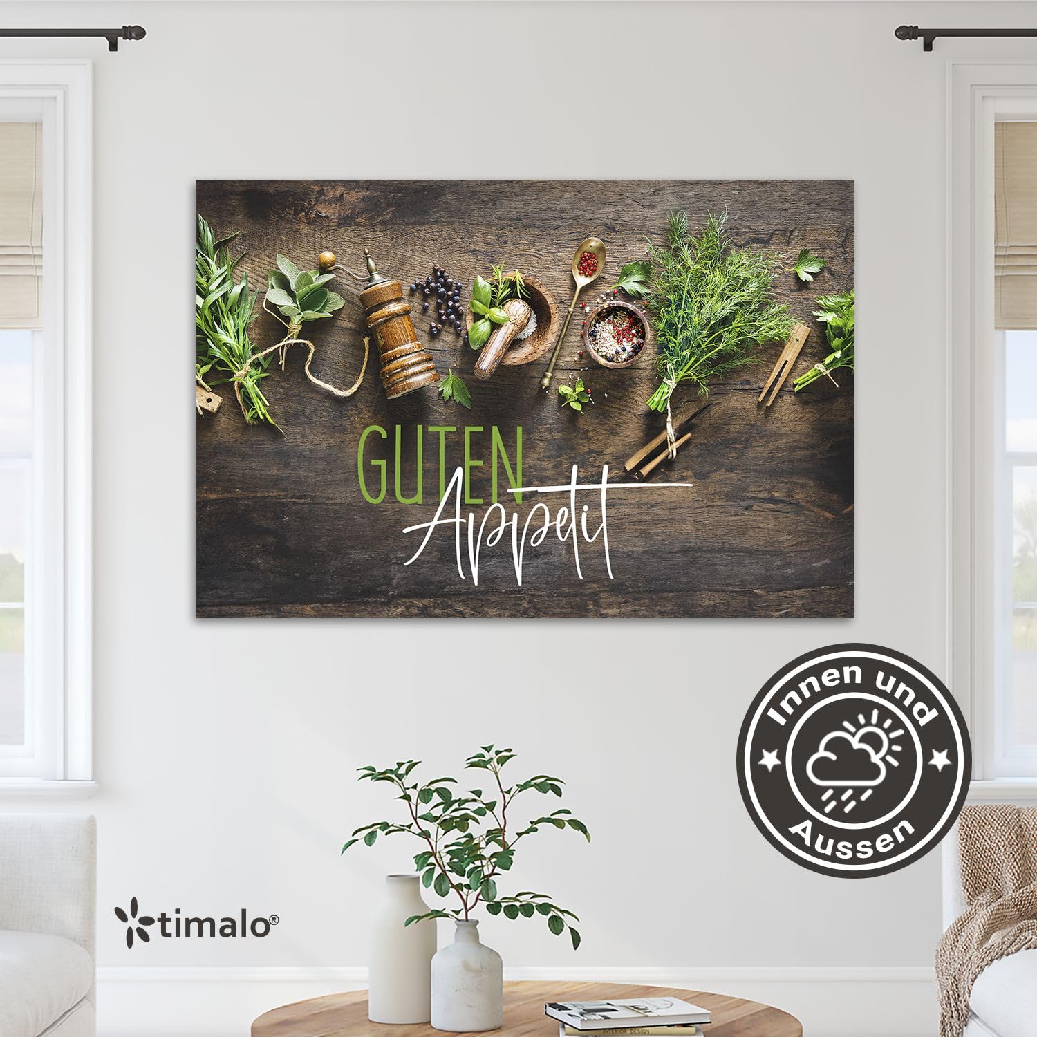 timalo Küchenbild aus Acrylglas modernes Wandbild Glasbild Deko Küche XXL Acryl-Bild wie Glas | 100x50cm Kräuter& Gewürze auf rustikalem Holztisch, Guten Appetit