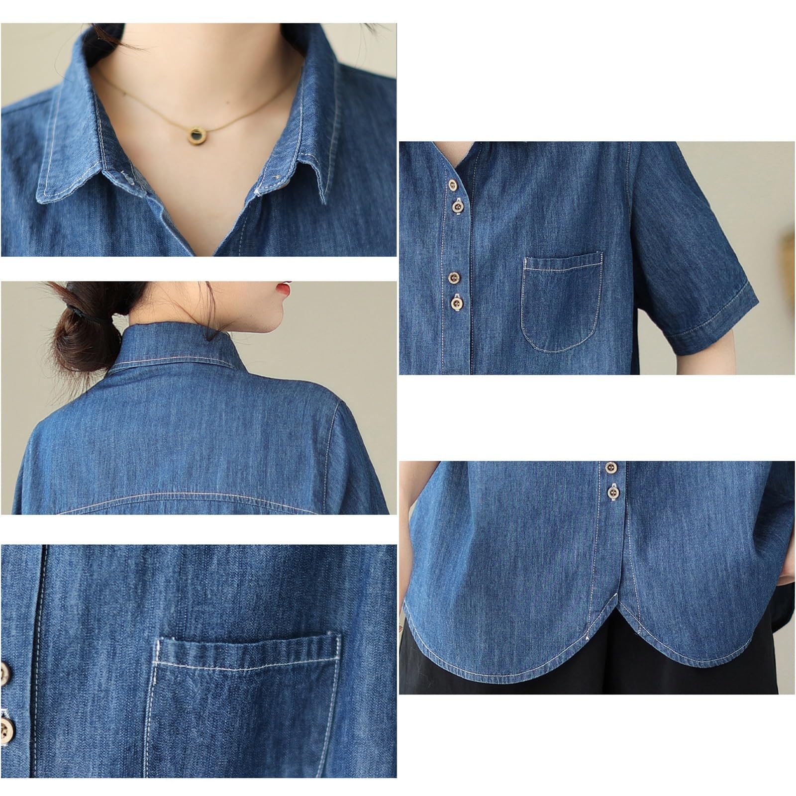 2024 Femmes Poids Léger Manche Courte Denim Chemise Hauts Été Mode Revers Boutonné Occasionnel Ample Fluide Blouse