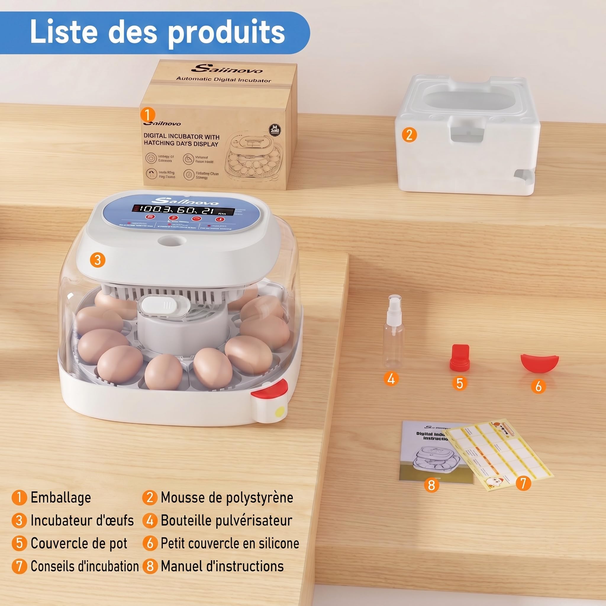 Sailnovo Couveuse oeuf automatique 12 œufs - Incubateur oeuf automatique vue 360°, 4 modes multi-espèces, Contrôle température, Retournement auto, Mire-Œufs Intégré (Bleu)