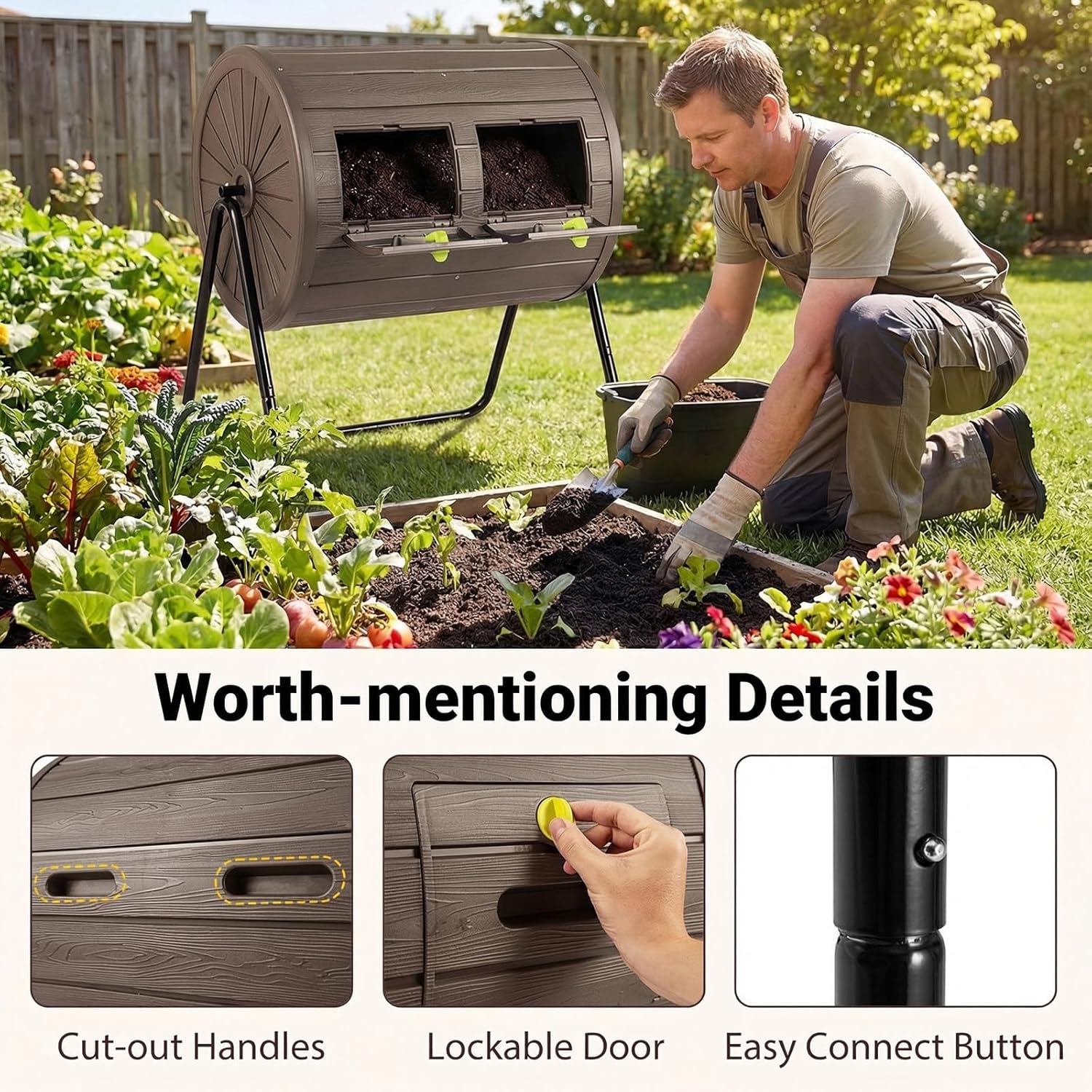 S AFSTAR Dual Chamber Compost Bin, 37.5 Gallon Compost Tumbler Outdoor wtih 2 Lockable Doors & Metal Stand, BPA-Free 360° Rotating Batch Composter for Garden, Kitchen, Yard Waste (Coffee)