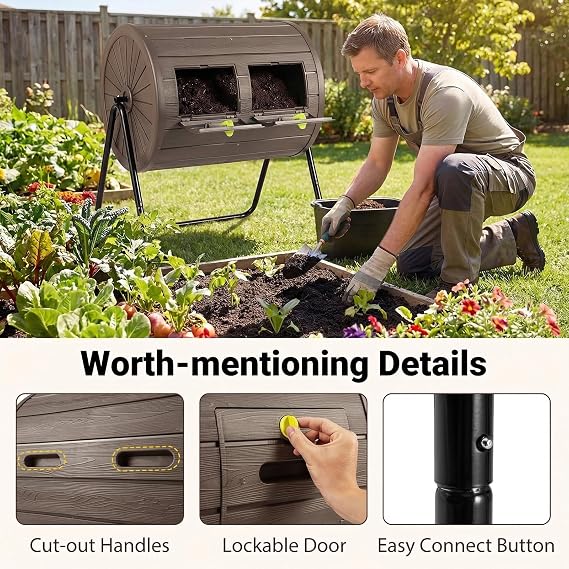 S AFSTAR Dual Chamber Compost Bin, 37.5 Gallon Compost Tumbler Outdoor wtih 2 Lockable Doors & Metal Stand, BPA-Free 360 Rotating Batch Composter for Garden, Kitchen, Yard Waste (Coffee)