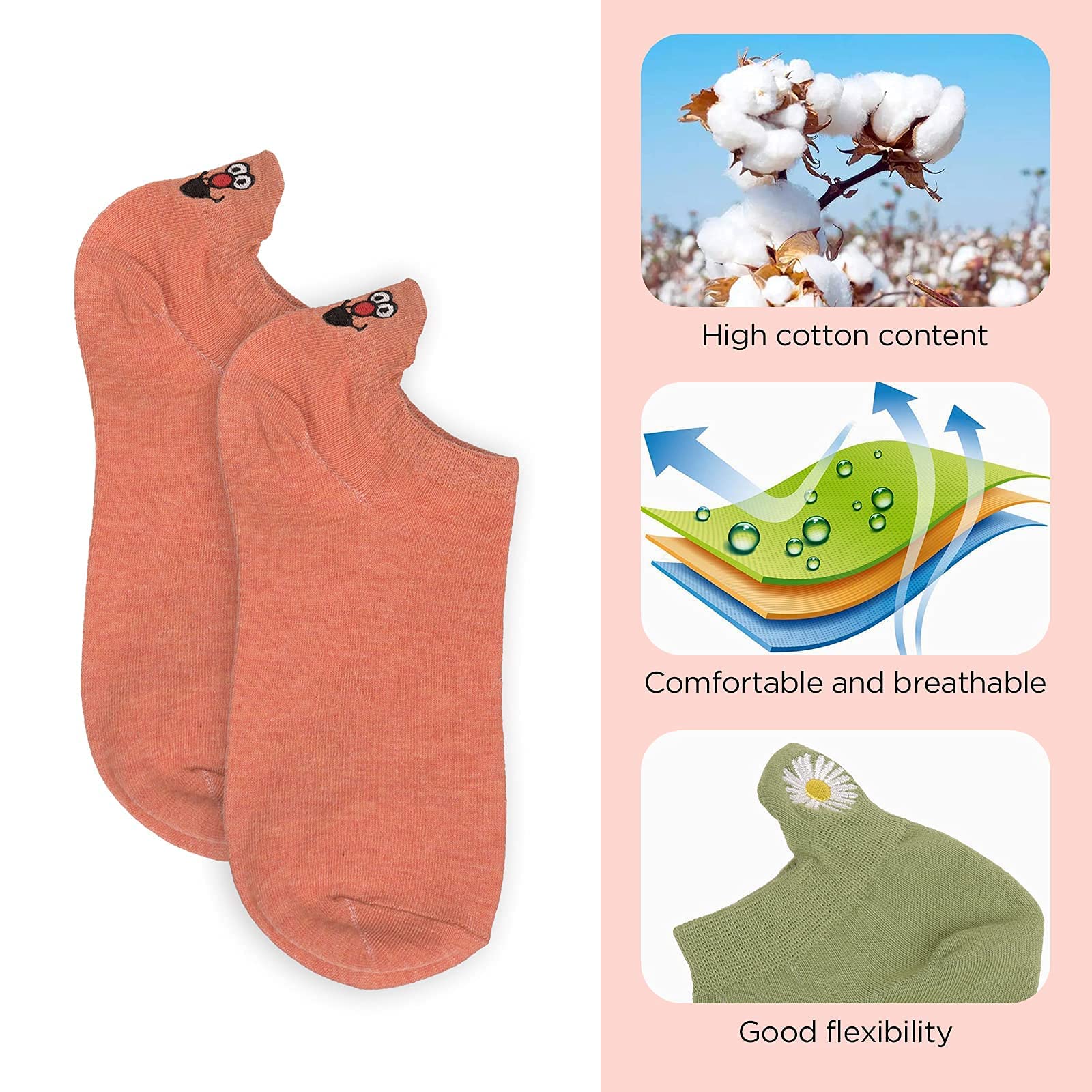Sneaker Mädchen Socken 10 Paar Baumwolle mit hoher Dichte Komfortabel Netter Ausdruck Bestickte damen socken lustig(Zufällige Farbe), One Size