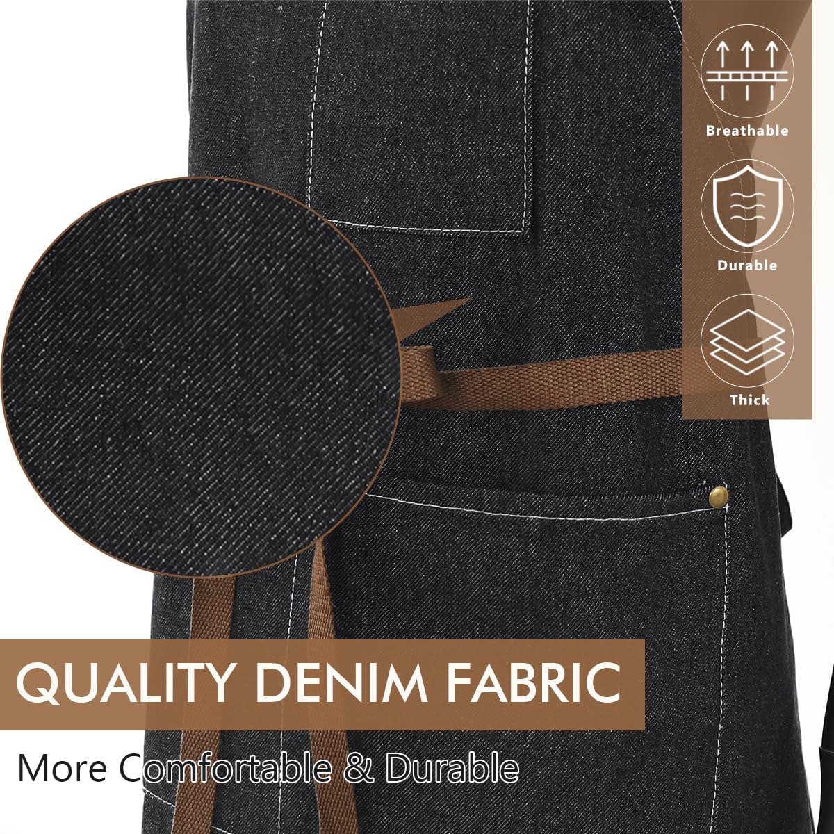 ROTANET Denim Work Apron with 3 Pockets Jean Shop Aprons for Chef Hairstylist Kitchen Woodworking for Men Women Blue Black - Image 4