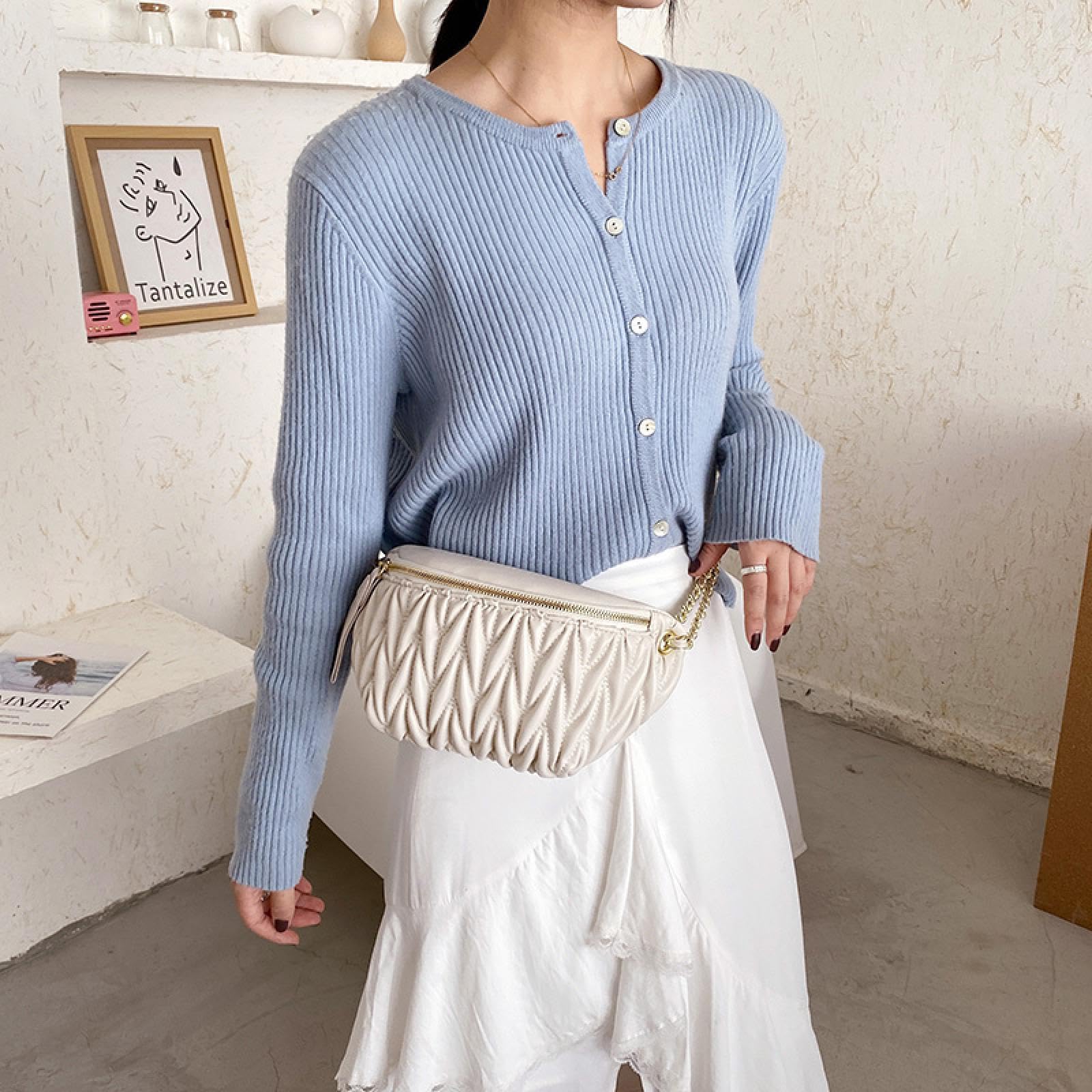 Marsupio da donna, marsupio da donna, marsupio con catena, borsa a tracolla sul petto, con cerniera, borsa per telefono, borsa da viaggio, bianco
