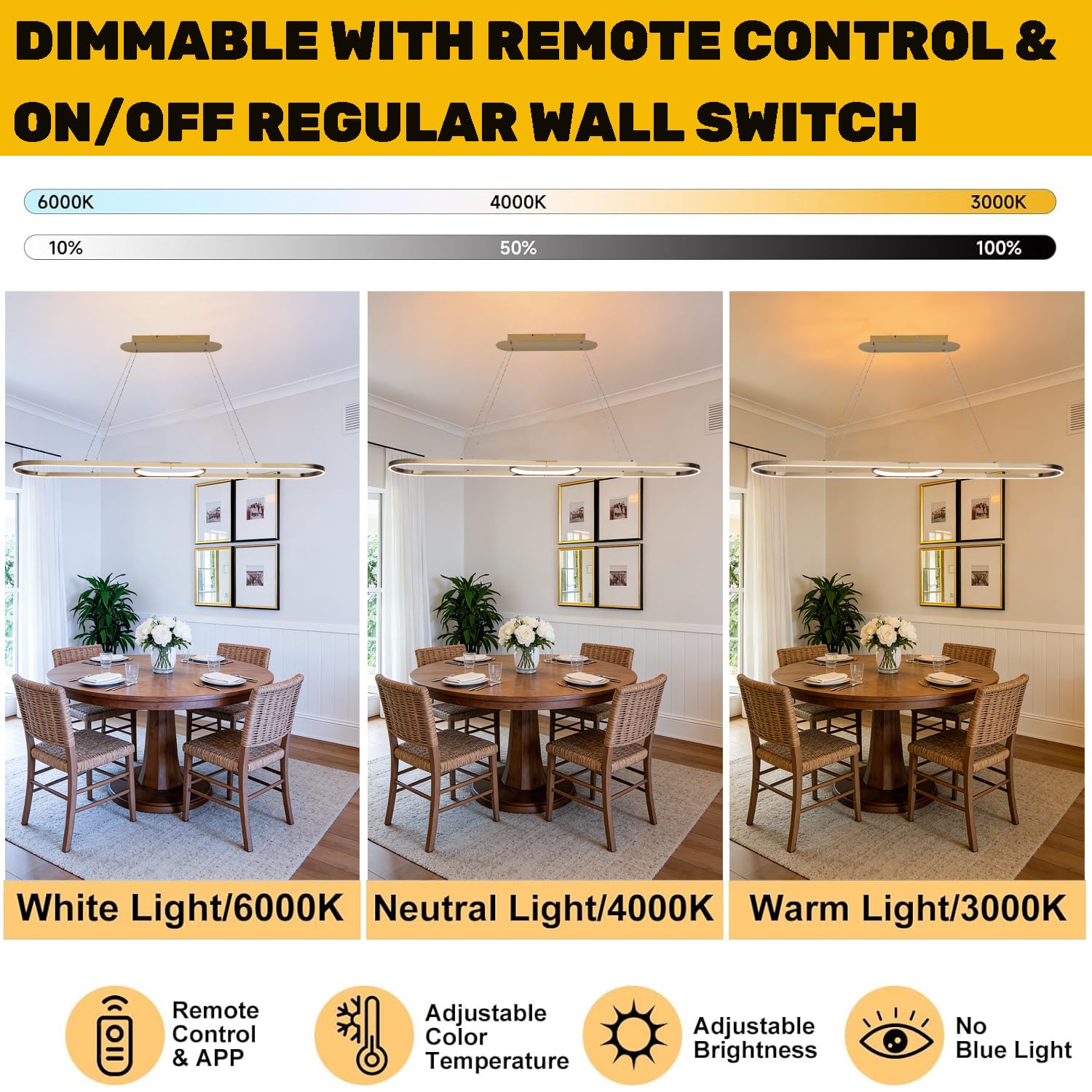 Moderne Chrom LED-Pendelleuchte,dimmbare lineare Esstisch-Kronleuchte 75W 3000K-6000K,ferngesteuerte verstellbare Luxus-Oval-Aluminium-Leuchte,Hängelampe für Kücheninsel,Esszimmer Büro (Gold, L120cm)