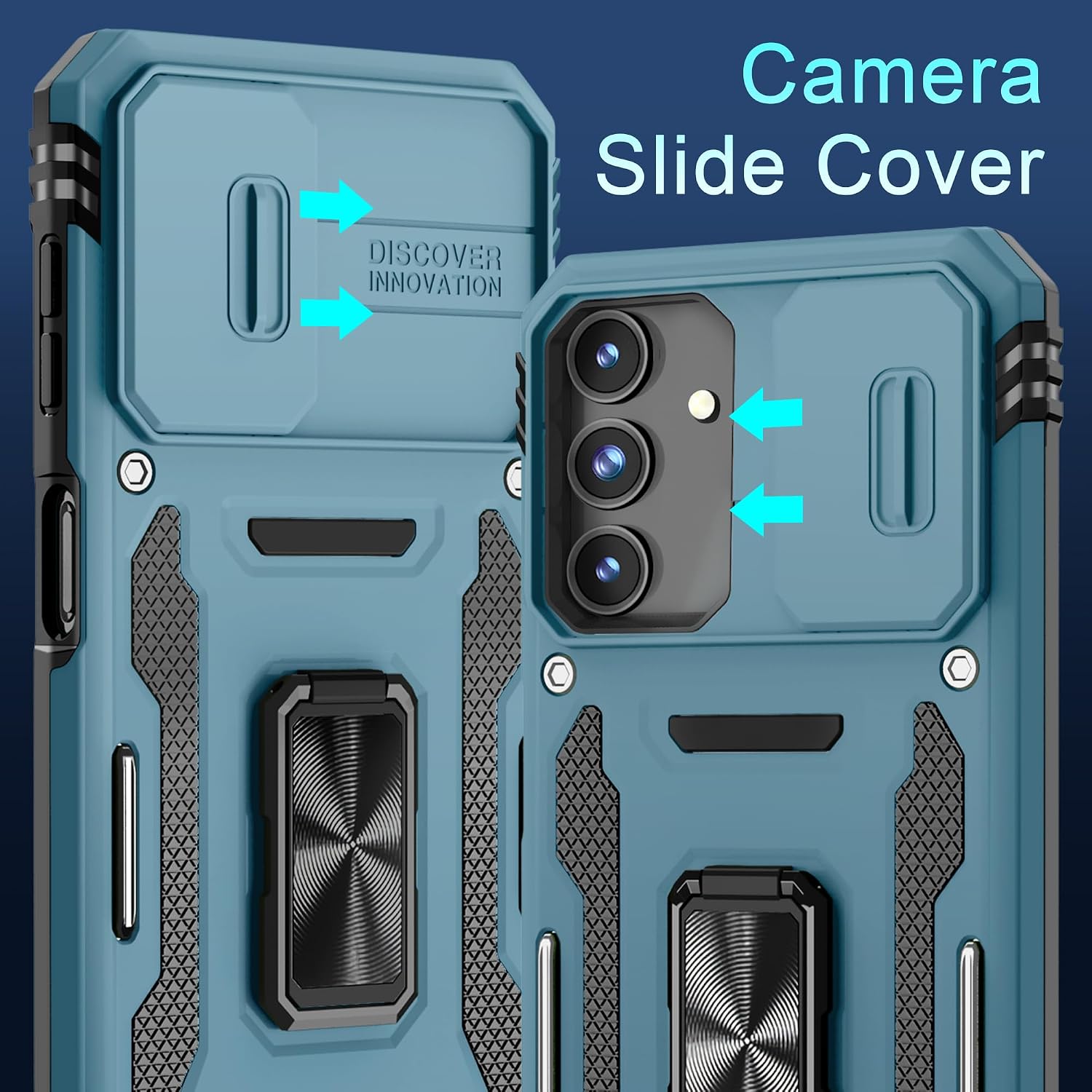 DEERLAMN Case for Samsung Galaxy A15 5G with Slide Camera Cover+Screen Protector (1 Pack), Rotated Ring Kickstand Military Grade Shockproof Protective Cover-Light Blue thumbnail