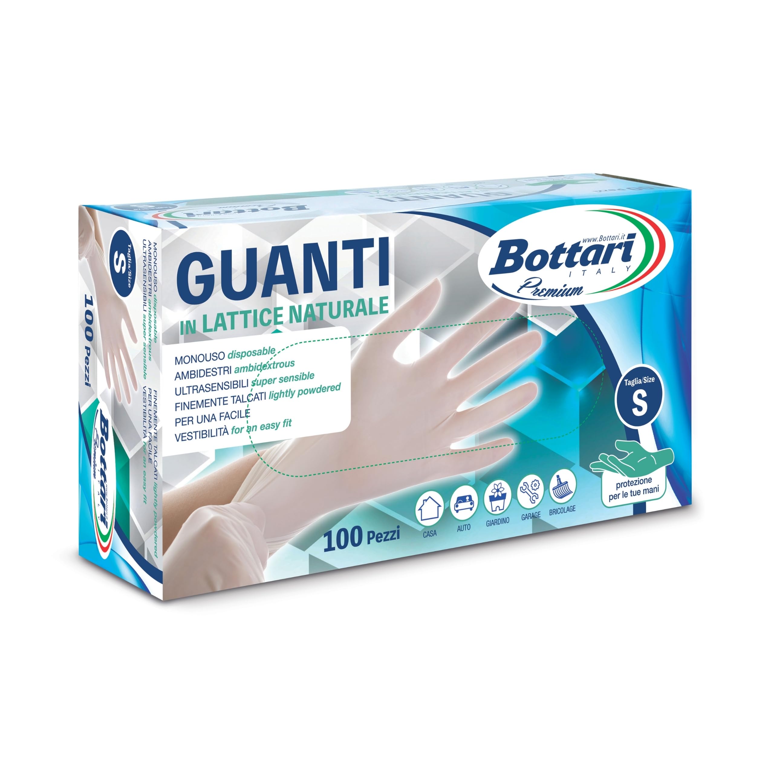 Bottari Guanti in Lattice Monouso con Talco, Confezione da 100 Pezzi, Taglia S, Resistenti e Comodi